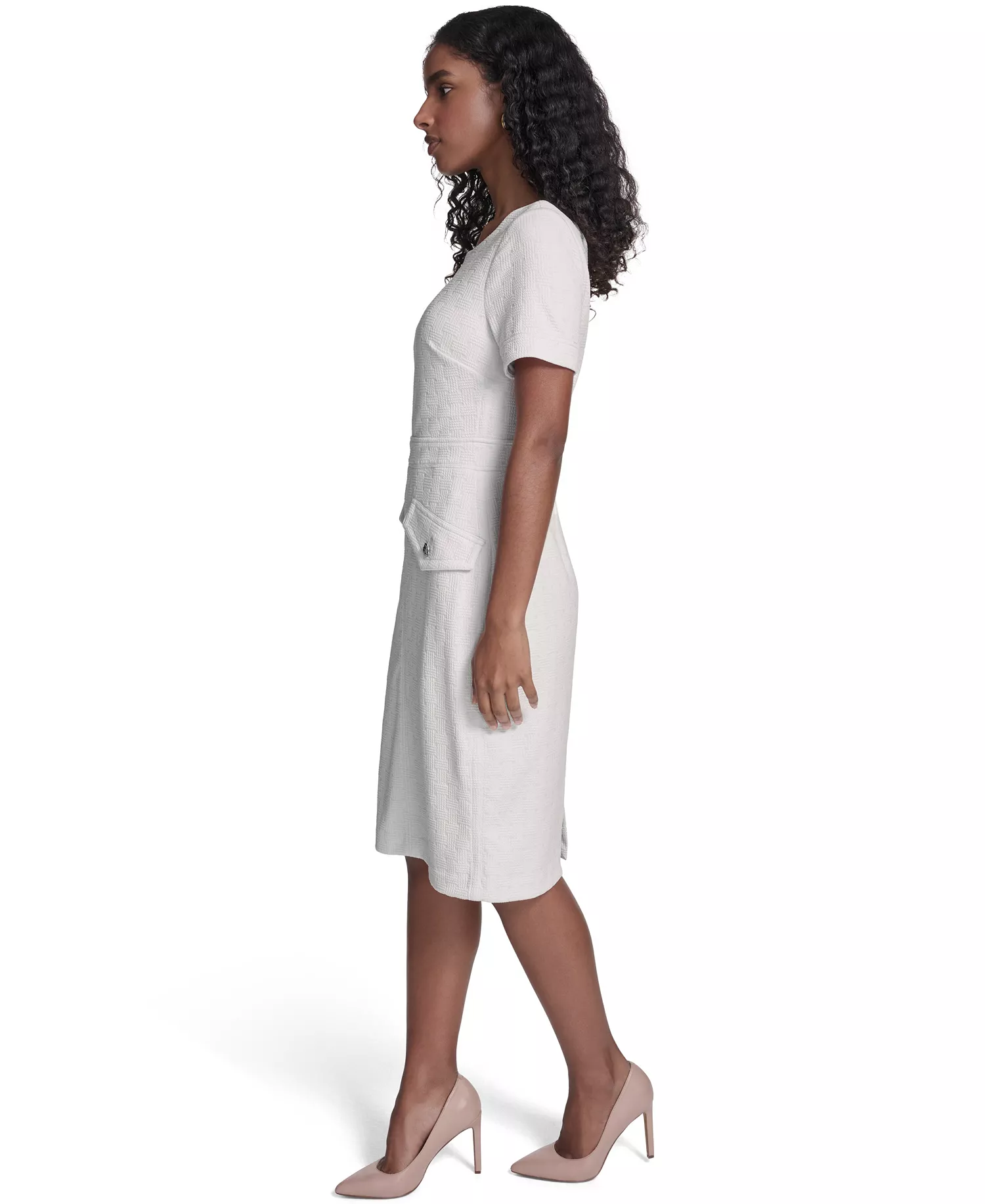 Women's Short-Sleeve Wicker Weave Shift Dress - Ivory - 10
