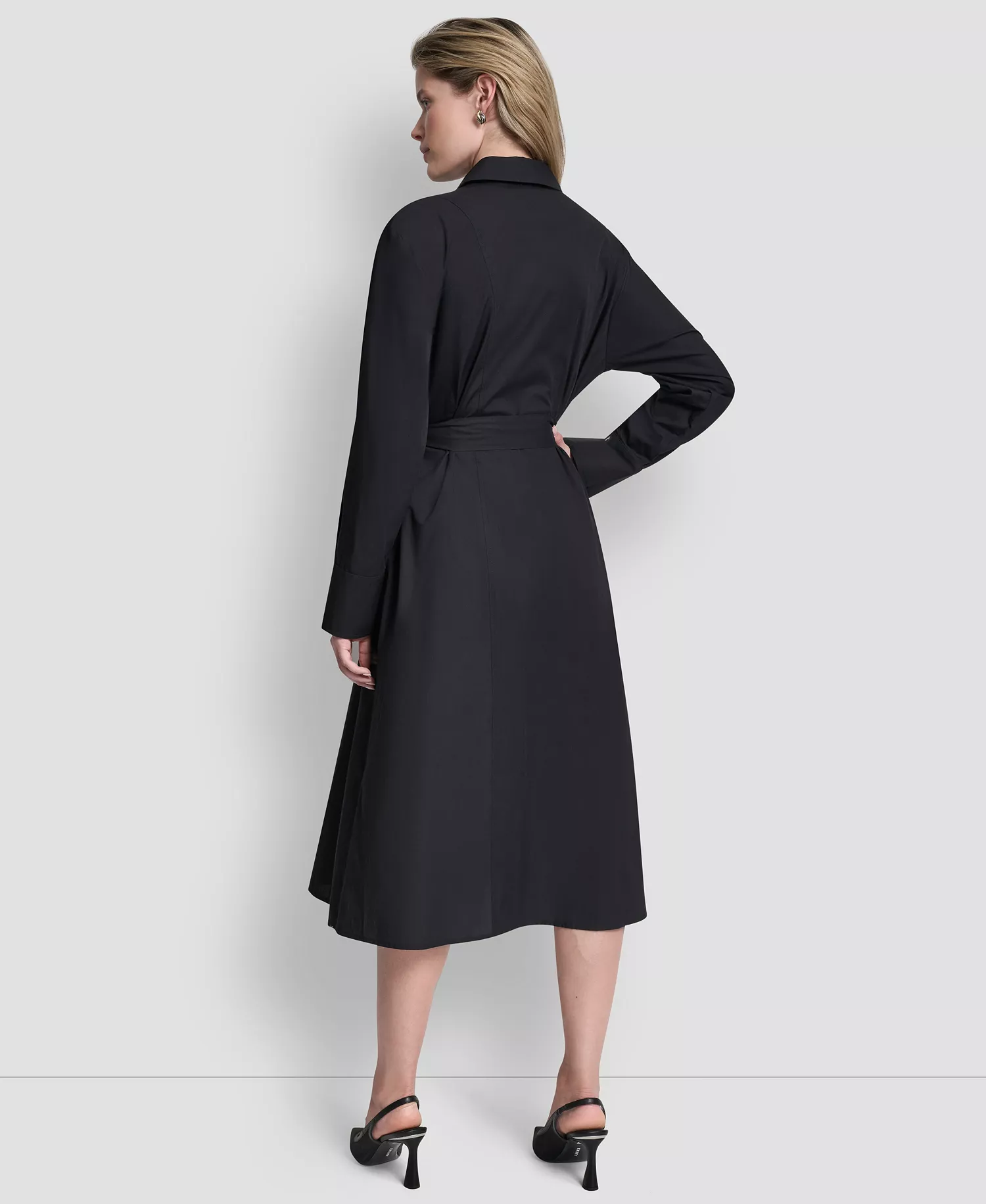 Women's Long-Sleeve Collared Neck Midi Shirt Dress - Black - 10