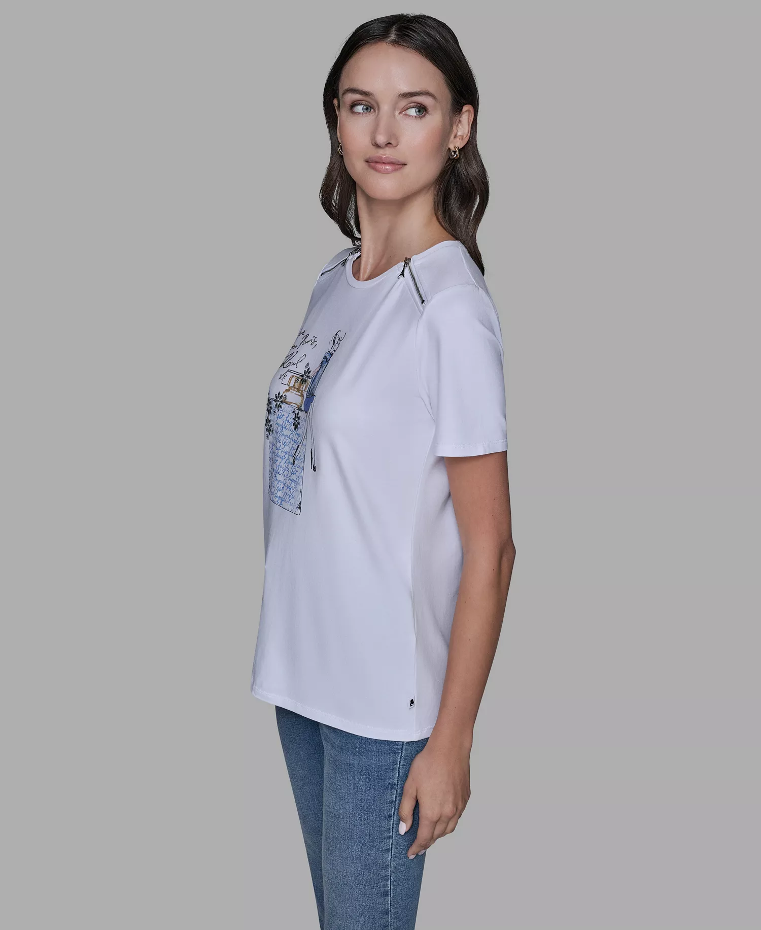 Women's Short-Sleeve Girl Perfume Bottle Printed T-Shirt - White/blue - L