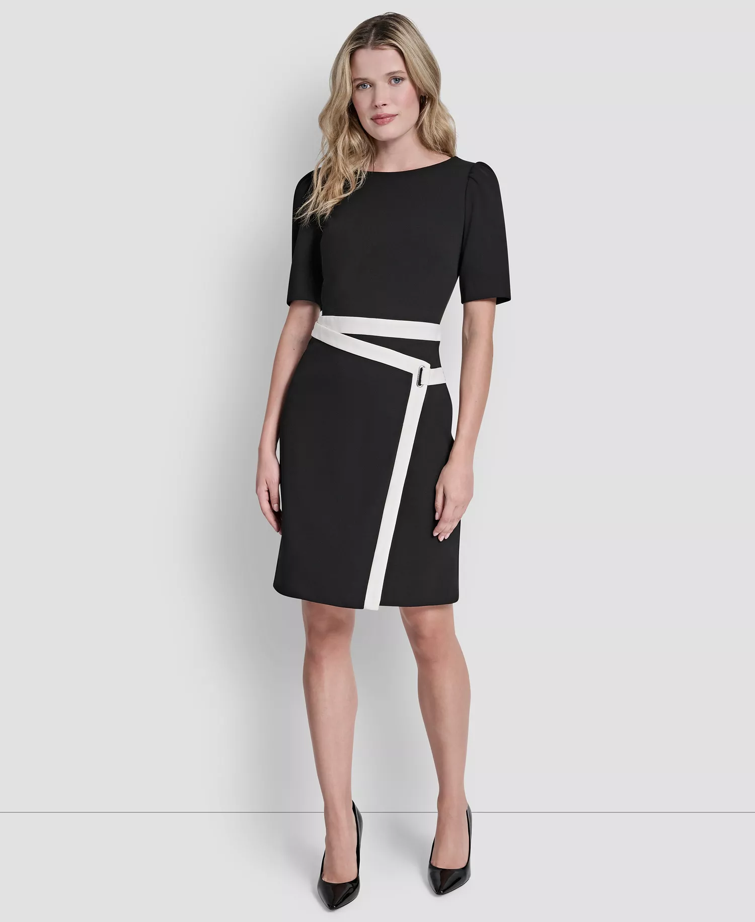 Women's Short-Sleeve Jewel Neck Scuba Crepe Dress - Black/Ivory - 10
