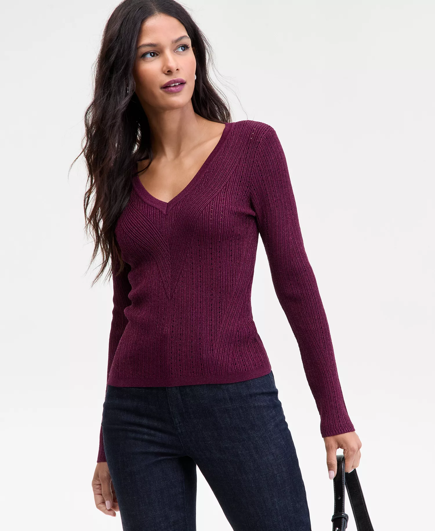Women's Metallic-Knit V-Neck Sweater, Macy's Exclusive - Berried Trs Lrx - L