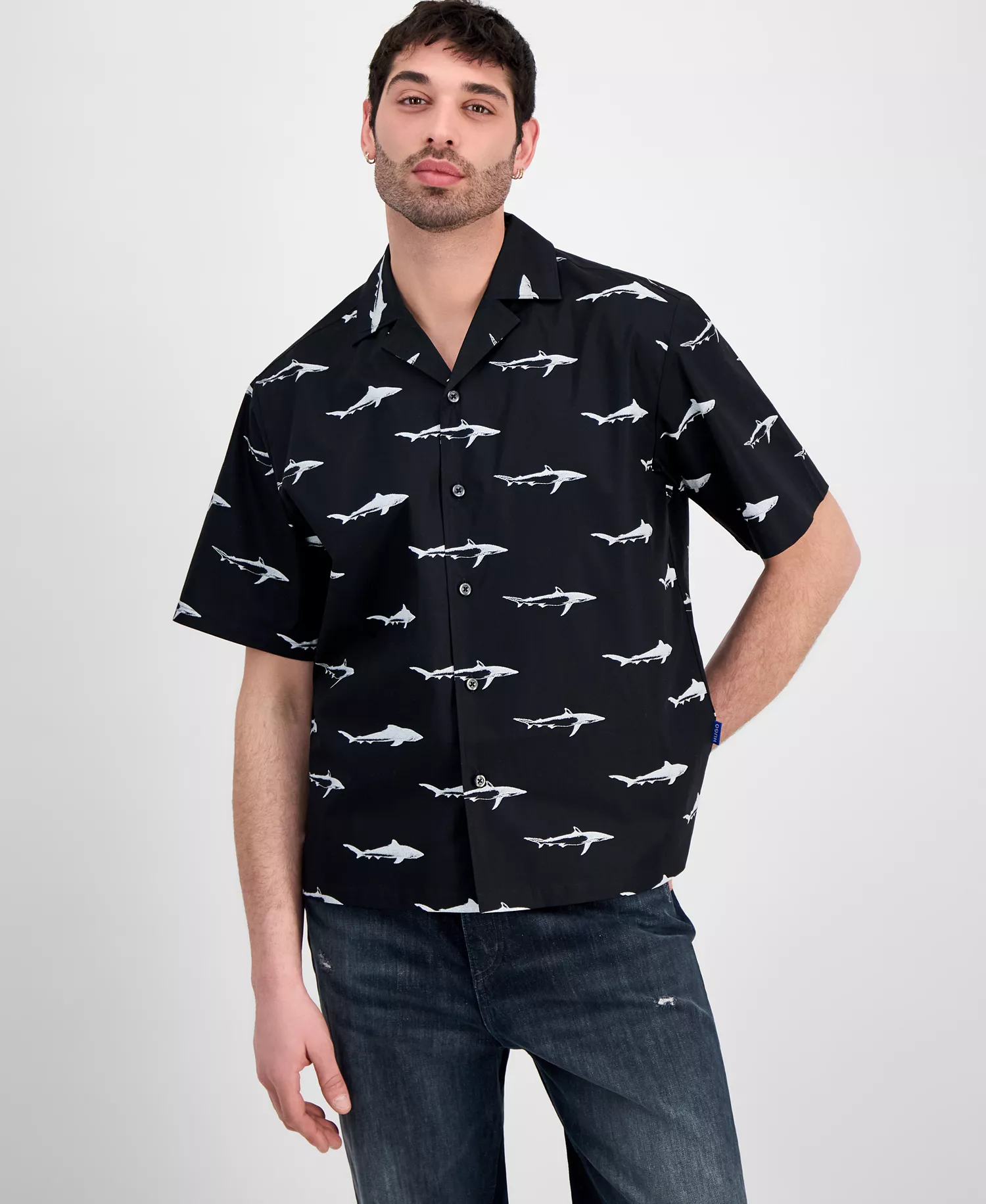 HUGO by Men's Eligino Shark Print Short-Sleeve Shirt - Black - 2XL