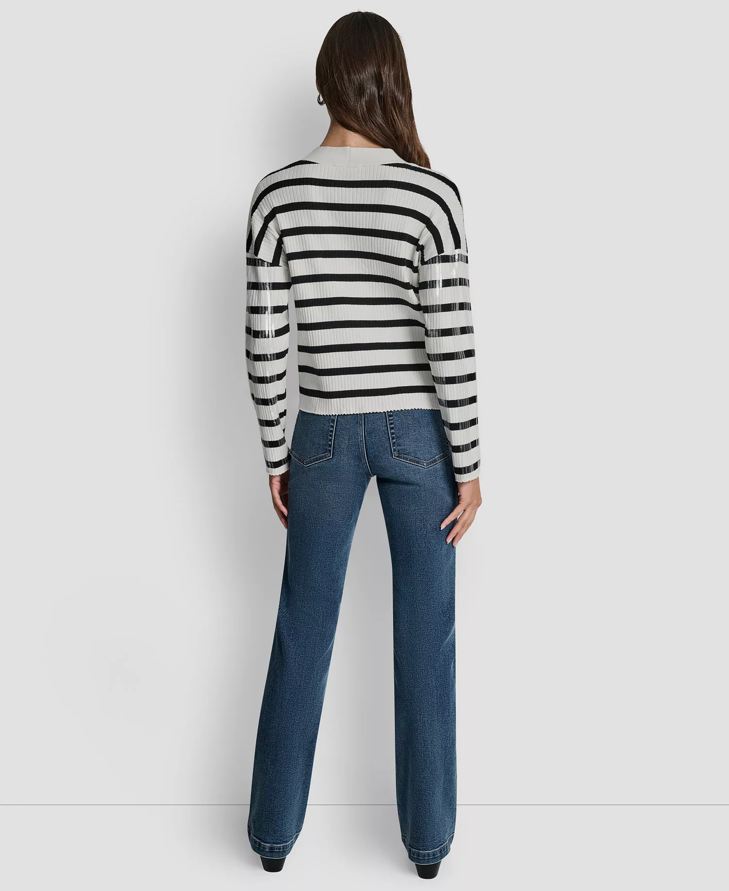 Women's Striped Sequin & Stripe V-Neck Boxy Cropped Long-Sleeve Cardigan Sweater - Black/ivory - L