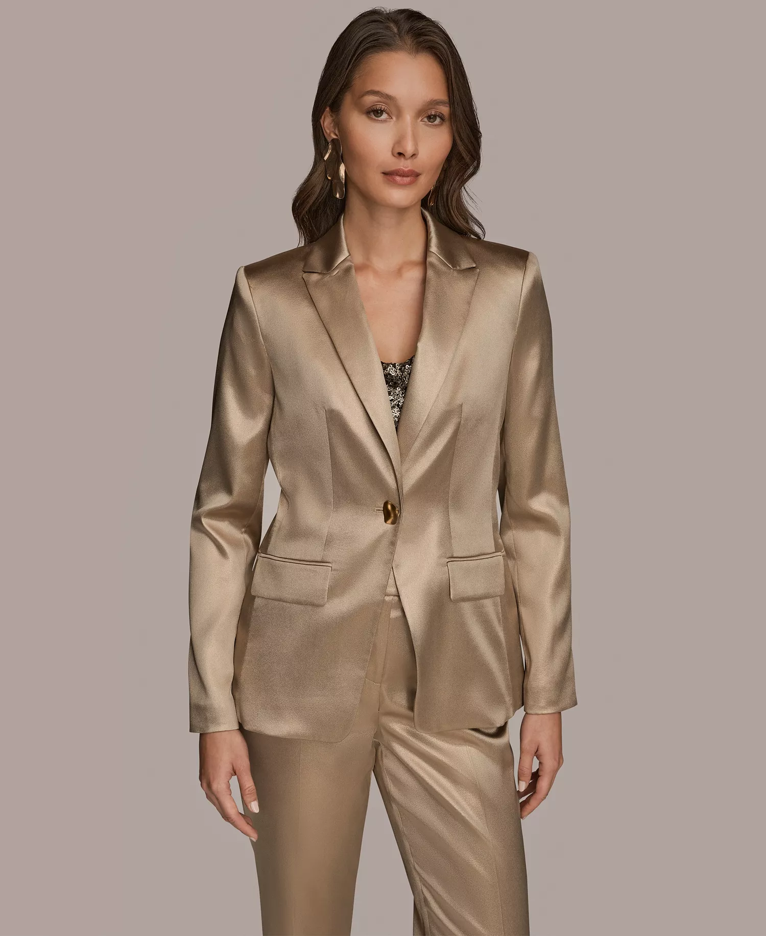 Women's Metallic One-Button Blazer and Novelty Straight-Leg Mid-Rise Pants - Fawn/Gold - 12