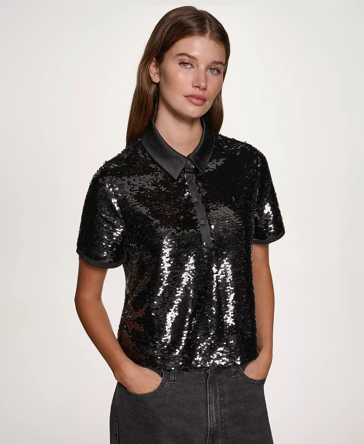 Women's Sequin Detail Collared Top - Black - S