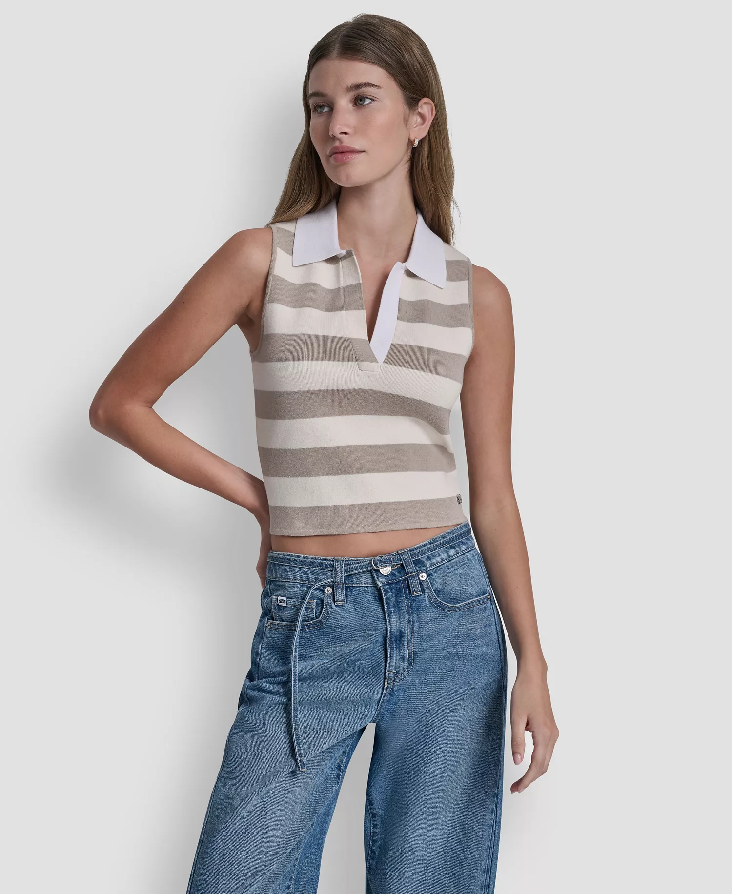 Women's Striped Sleeveless Polo Sweater - Pebble/eggnog/white - L
