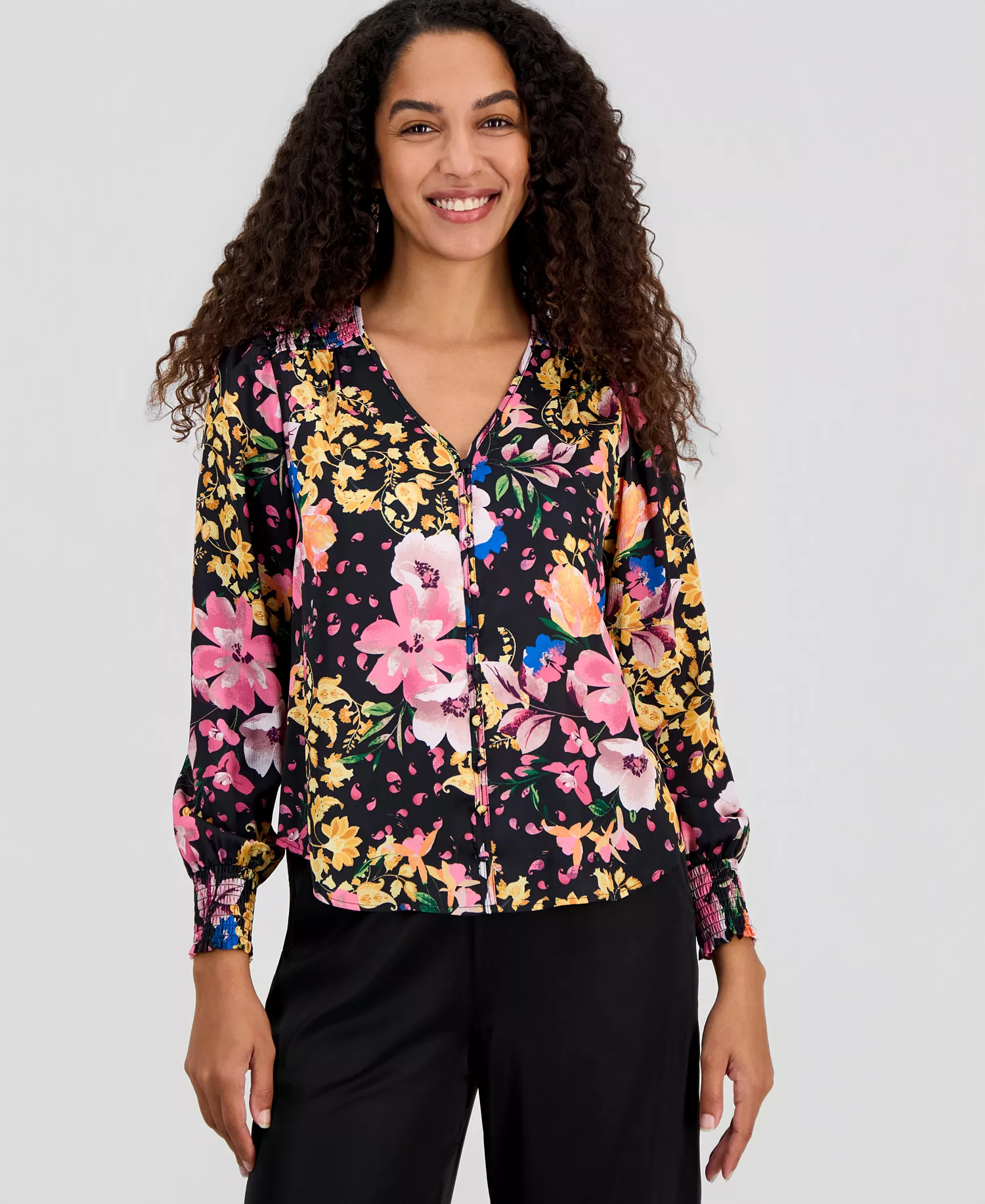 Women's Printed V-Neck Pleated-Back Top - Gilded Garden Print - L