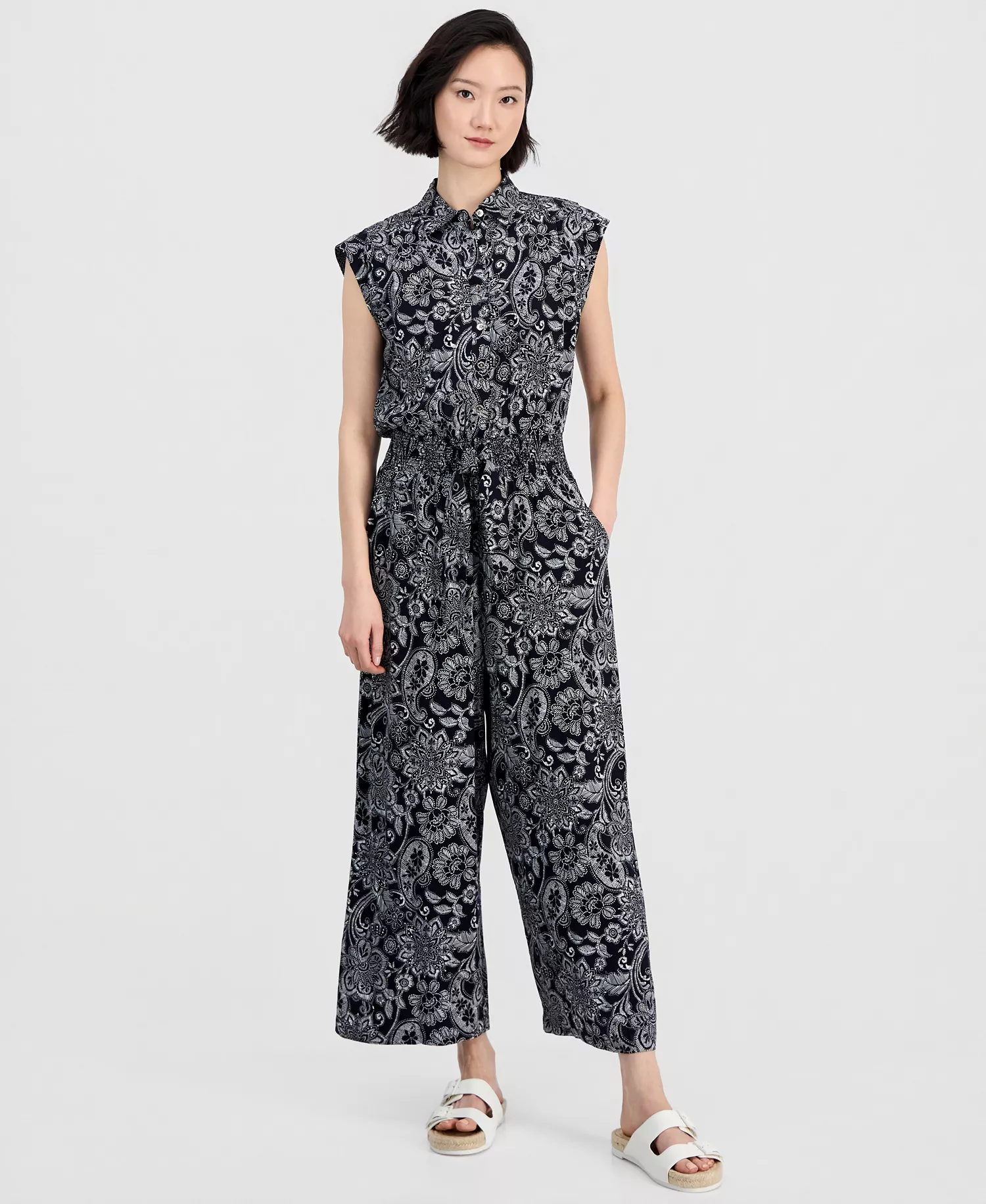 Women's Paisley Button-Front Sleeveless Jumpsuit - Night Sky/ Ivory - 10