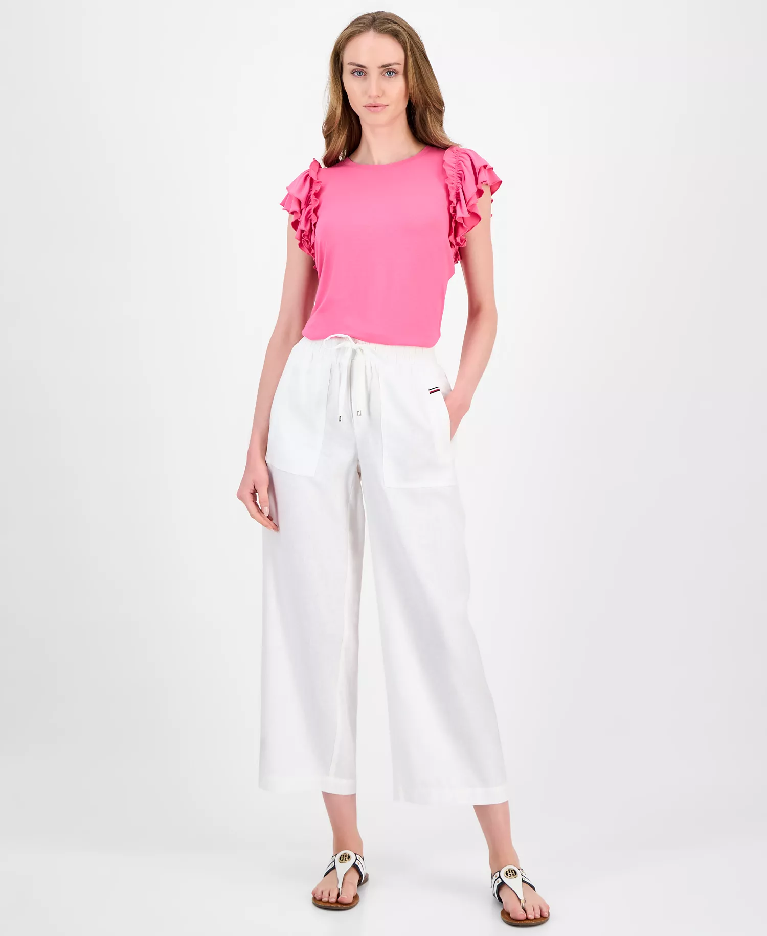 Women's Drawstring-Waist Pull-On Linen Pants - Bright White - L
