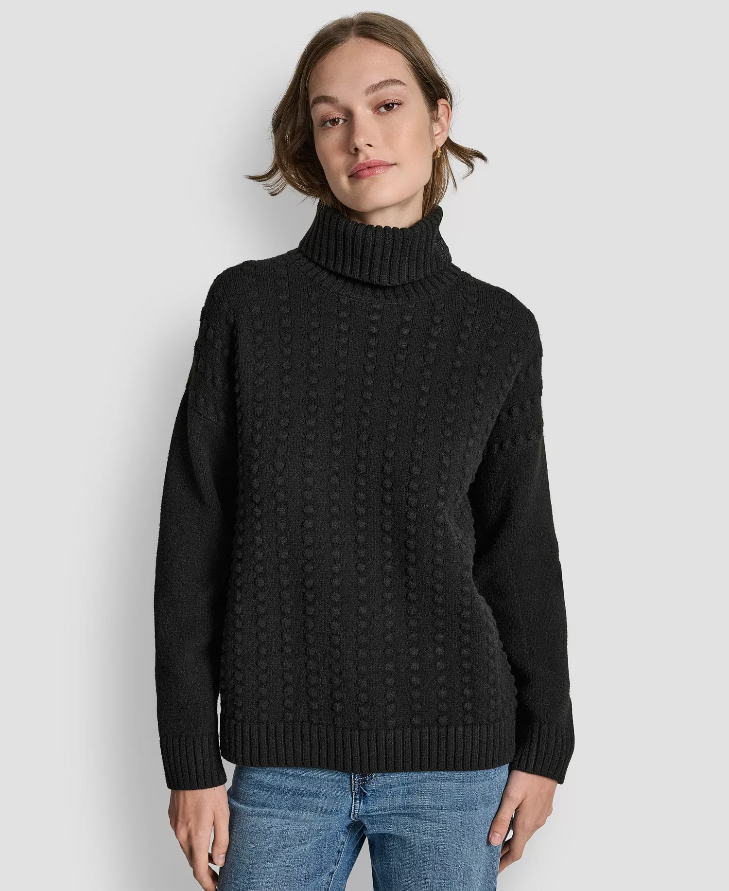 Women's Turtle Neck Bobble Stitch Long Sleeve Sweater - Black - L