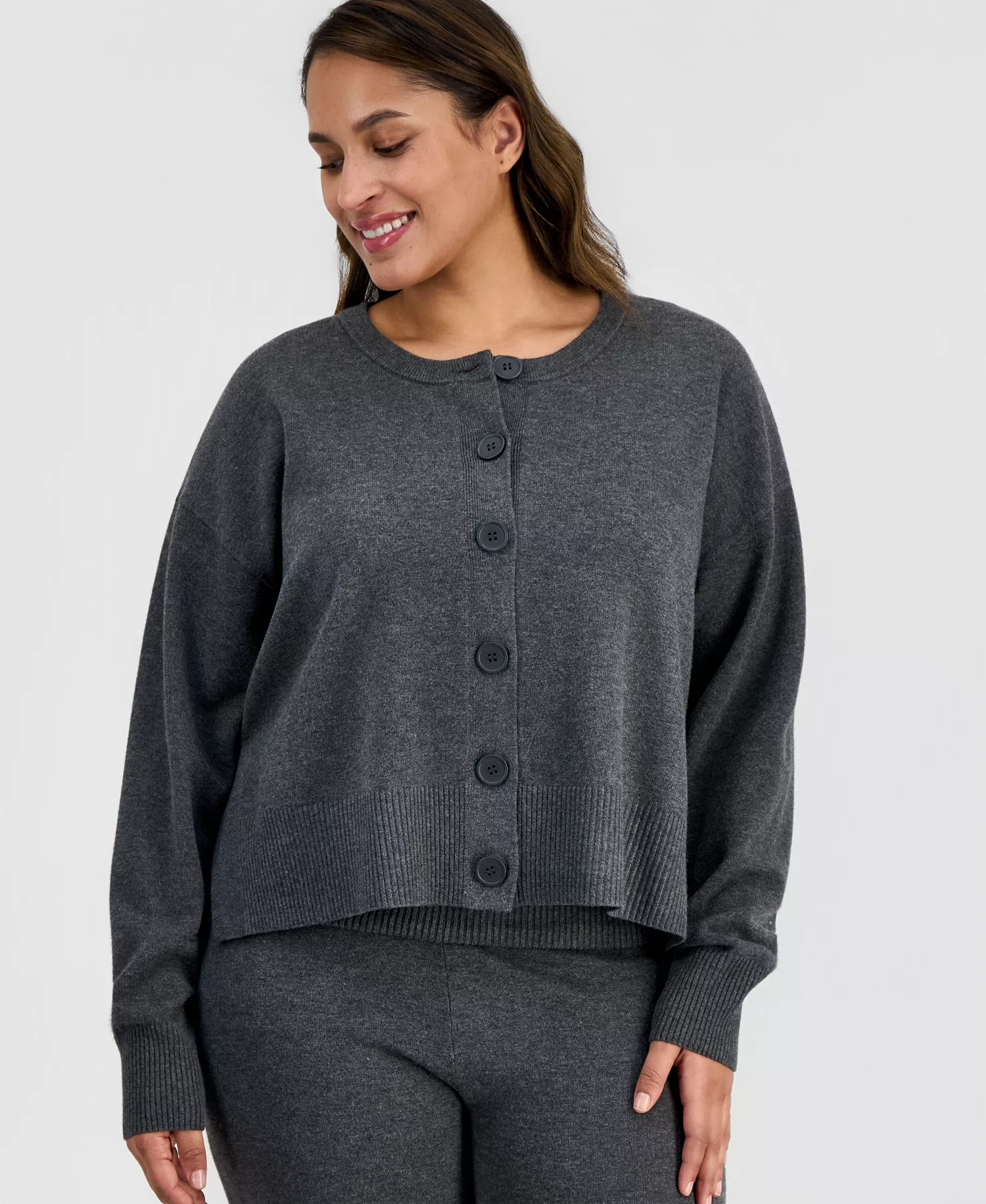 Trendy Plus Size Button-Front Long-Sleeve Cardigan, Macy's Exclusive  - City Grey - 1X