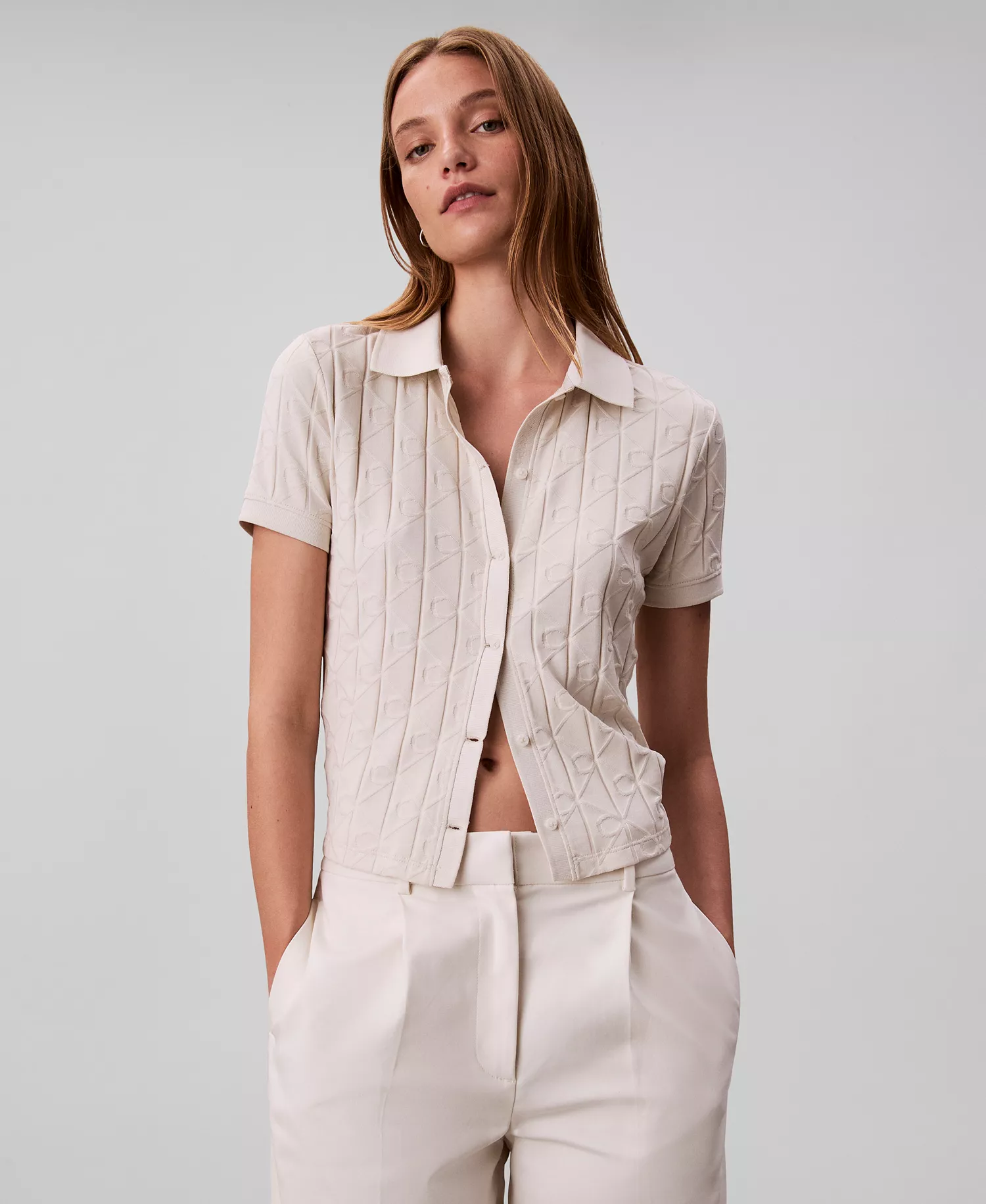 Women's Monogram Logo Jacquard Polo Top - Chalk - L