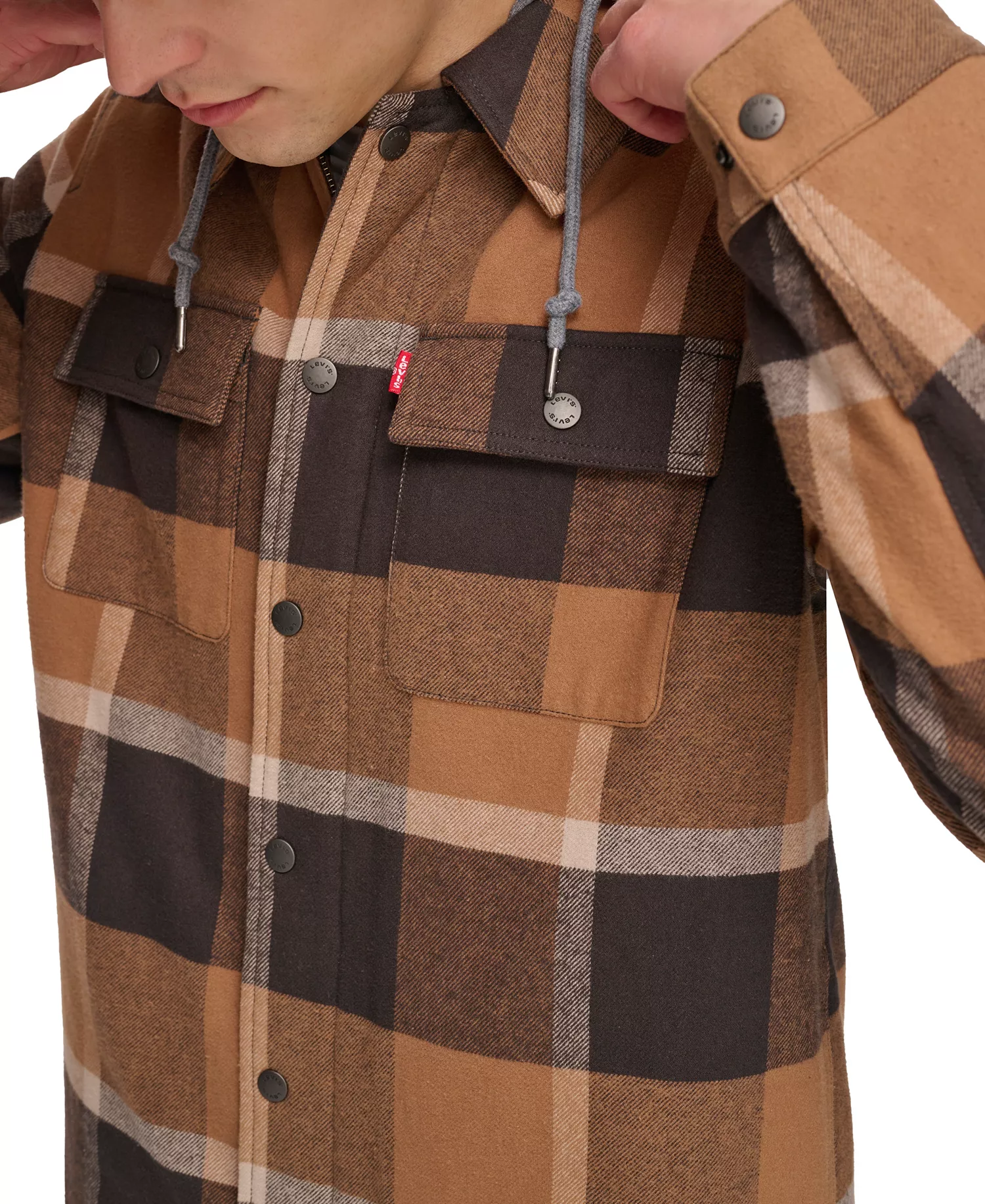 Men's Faux Sherpa Lined Flannel Shirt Jacket - Brown Cafe Plaid - 2XL