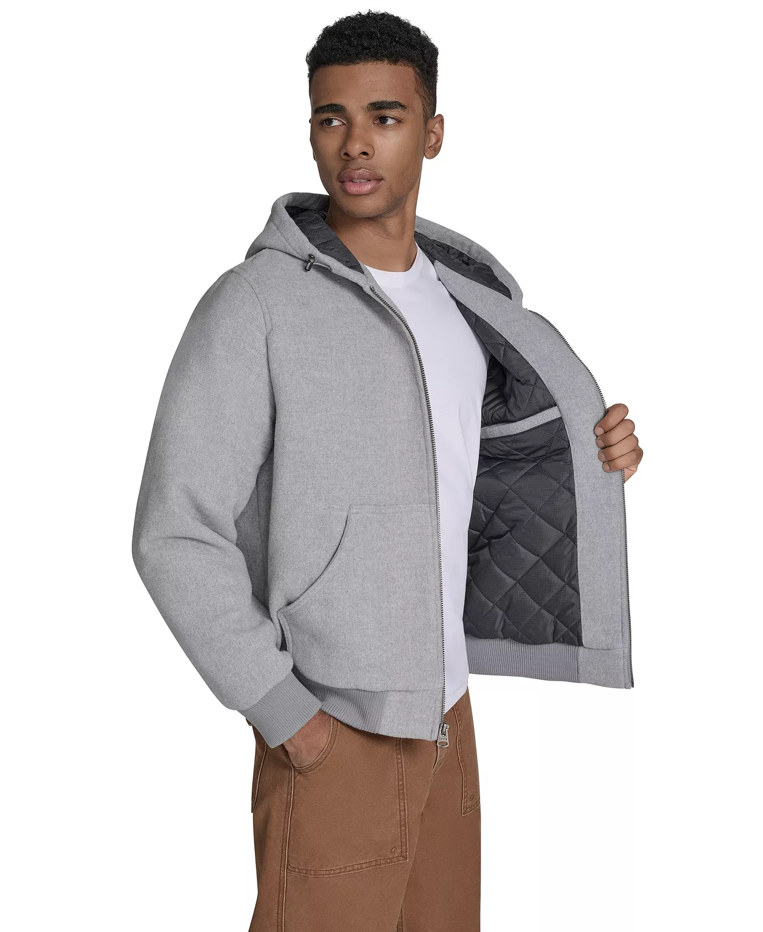 Men's Wool-Blend Hooded Bomber Jacket - Gray - 2XL