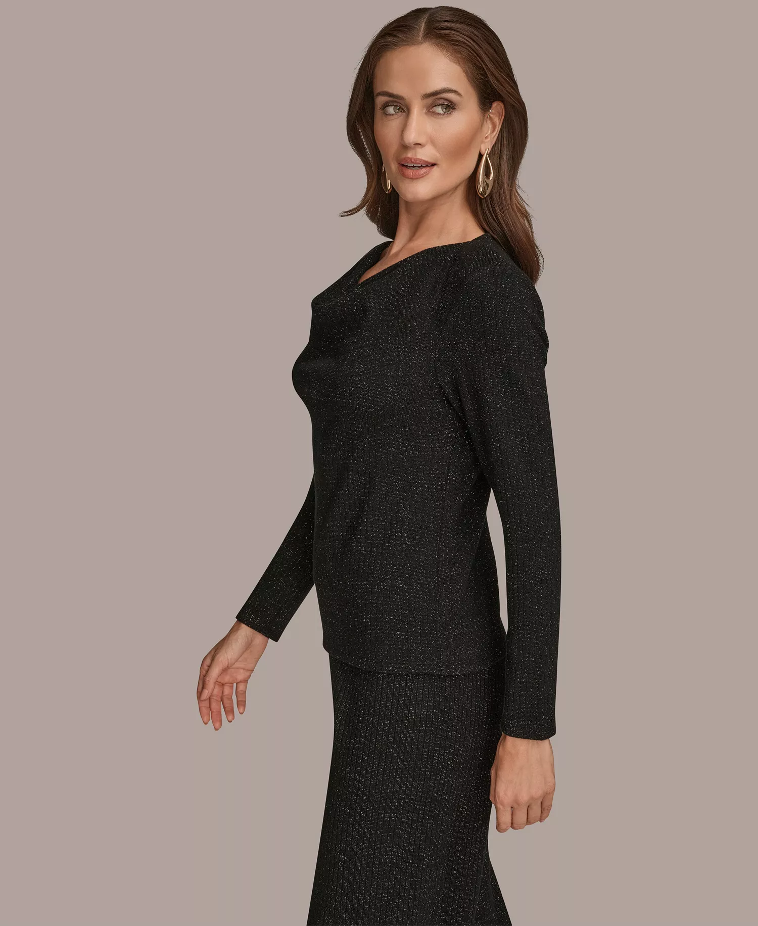 Women's Long Sleeve Metallic Rib Knit Top - Black - S