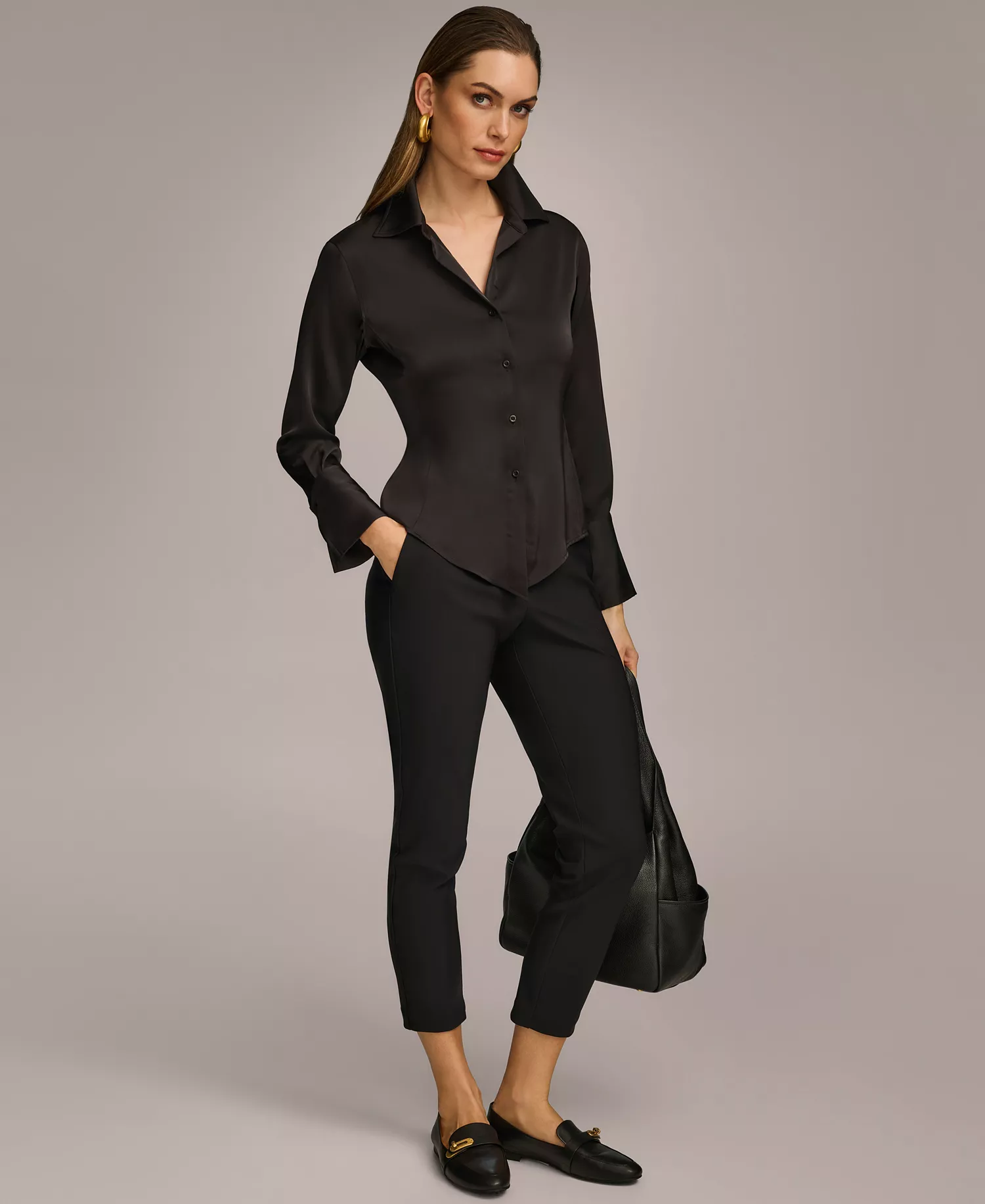 Petite Button Front Point Hem Top - Black - P/L