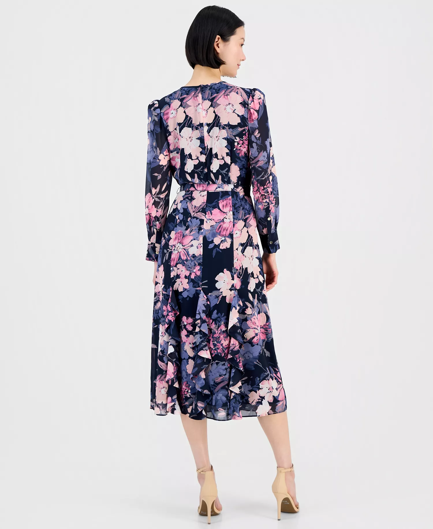 Women's Floral Long-Sleeve Ruffled Dress - Navy Peri Floral - 10