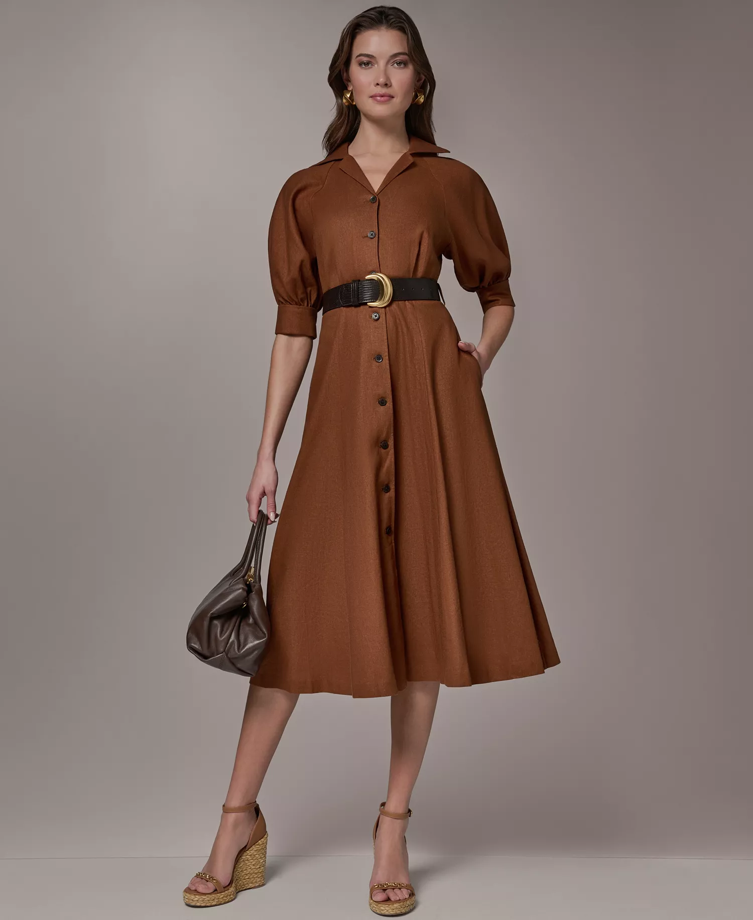 Women's Collared Neck Shirt Dress - Cognac - 10