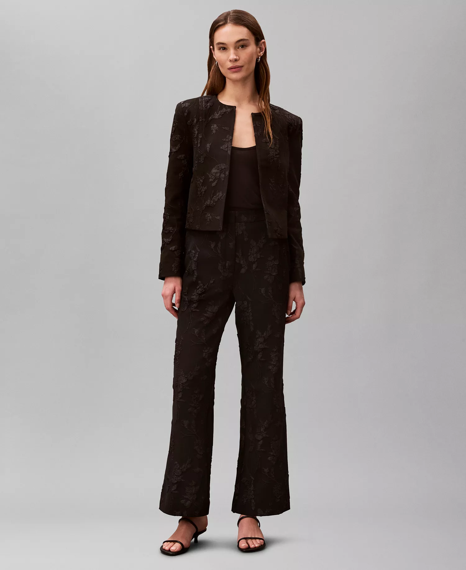 Women's Floral Square Neck Mini Dress and Novelty Crewneck Cropped Jacket - Black Floral Cuttings Cloque Jacquard - 10