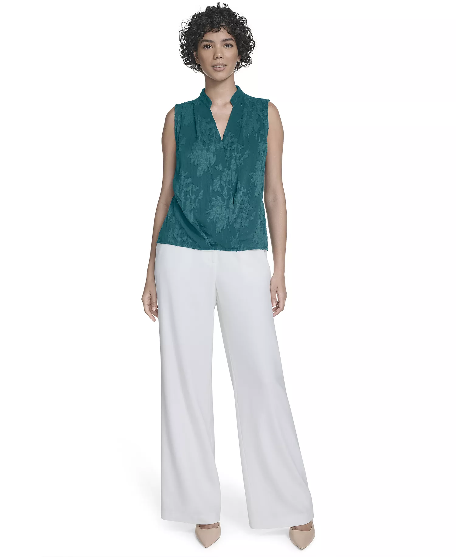 Women's Floral Surplice-Neck Sleeveless Blouse - Latte - L