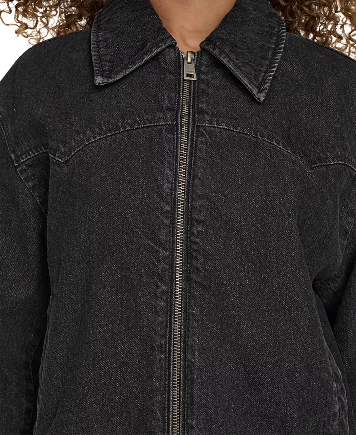 Women's Western Zip-Front Denim Bomber Jacket - Black Wash Denim - L