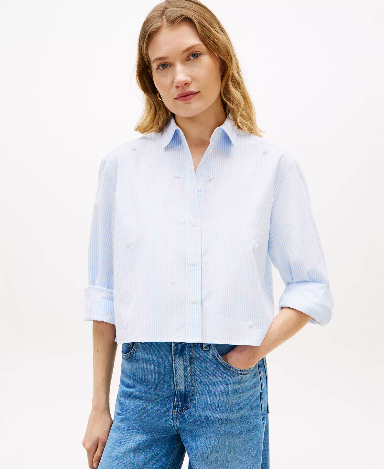 Women's Bling Cropped Long-Sleeve Shirt - Classic Ithaca White Vessel Blue - L