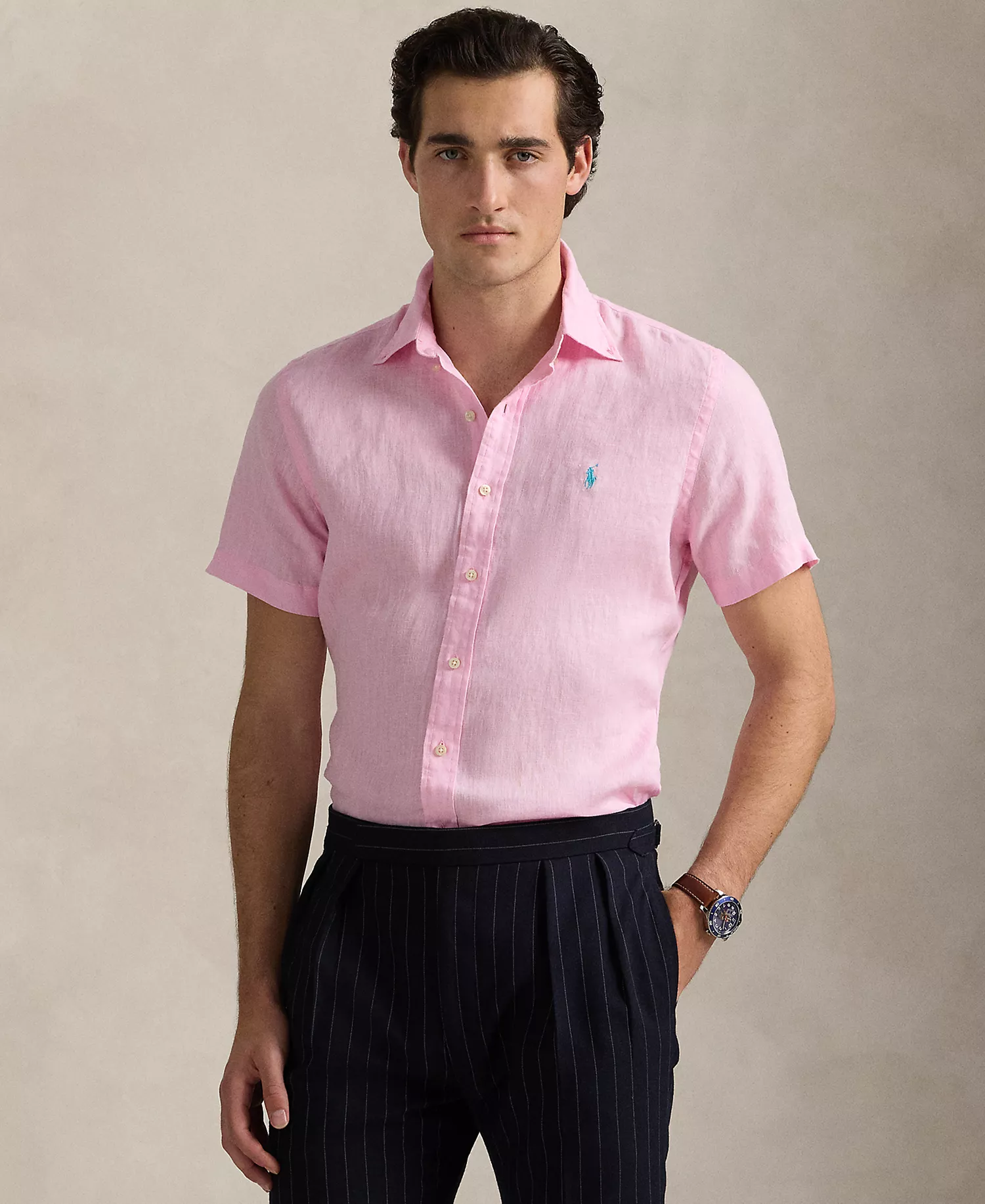 Men's Short-Sleeve Linen Button-Up - Carmel Pink - 2XL