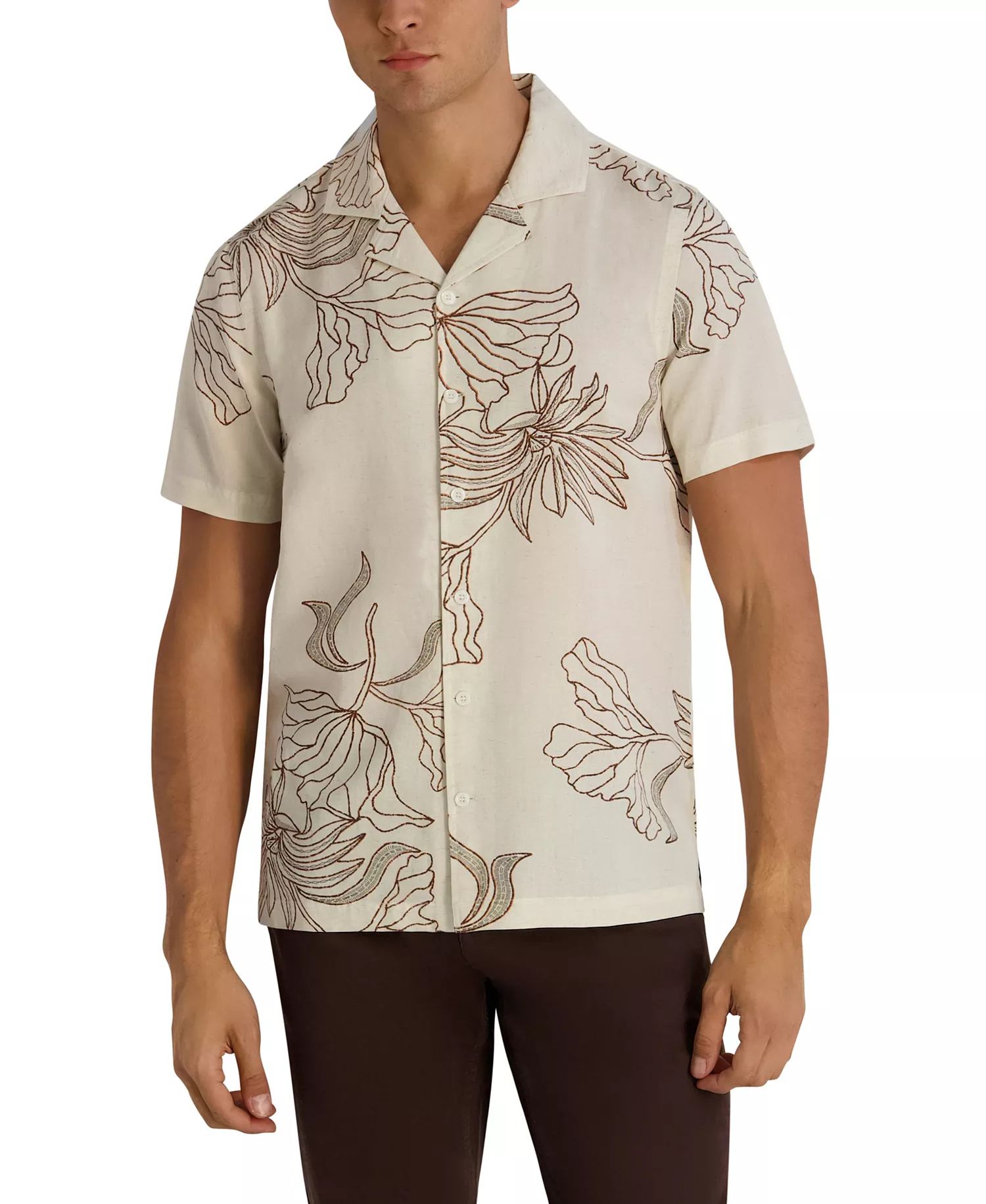 Men's Regular-Fit Short-Sleeve Printed Floral Shirt - Natural - 2XL