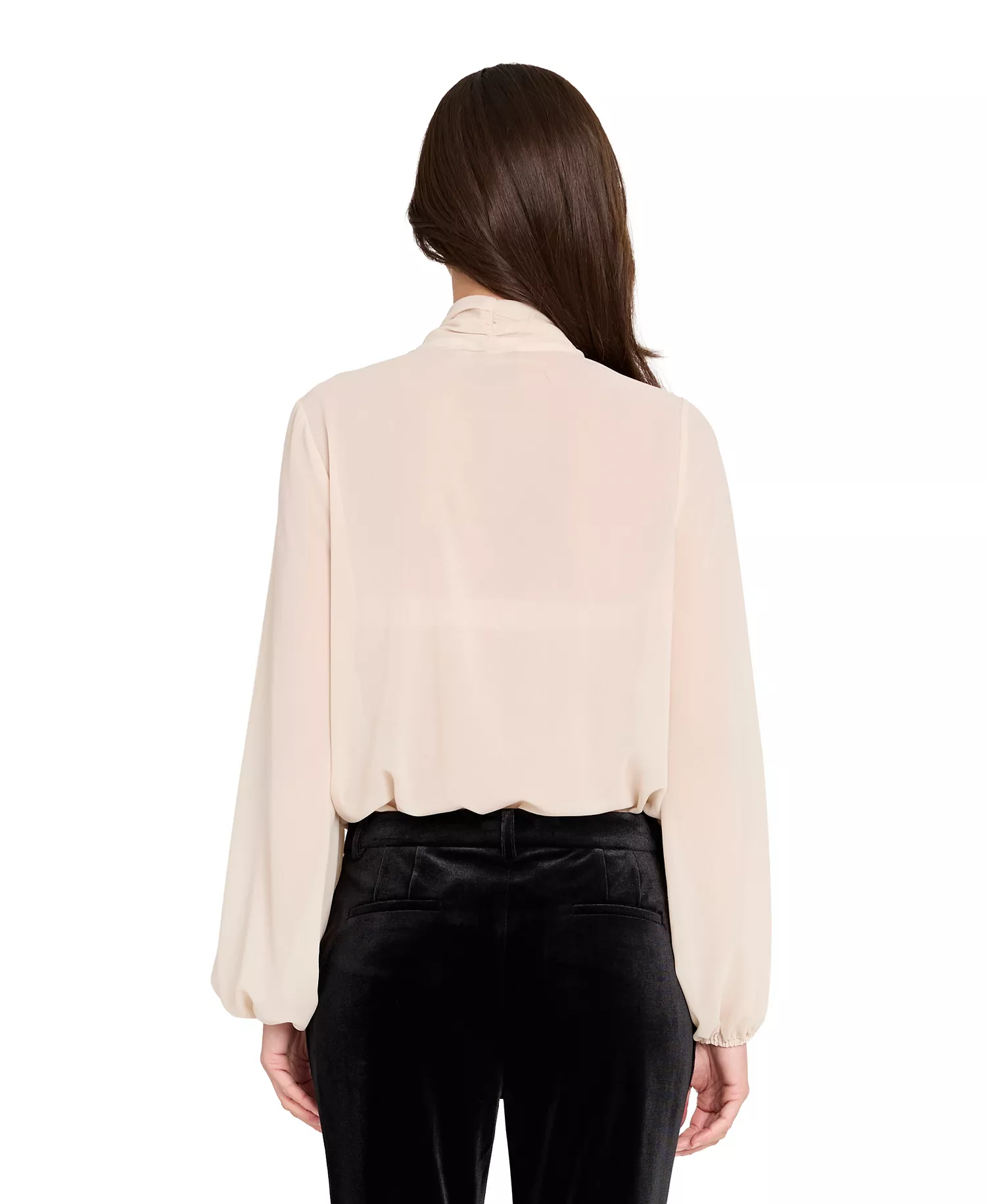 Women's Long-Sleeve Bow Neck Blouse - Creme - L