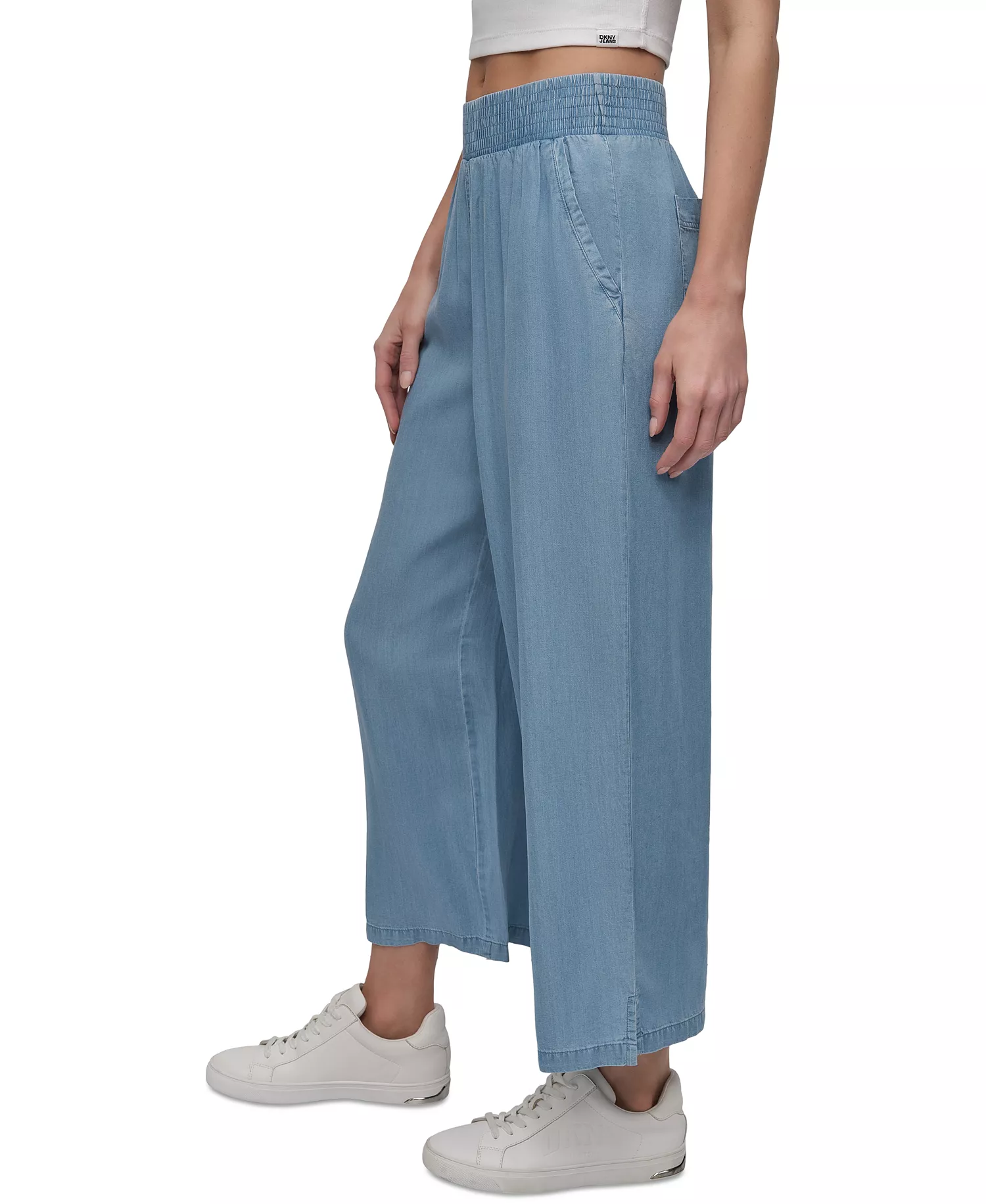 Petite Chambray Smocked-Waist Wide-Leg Ankle Pants - Chambray - P/L