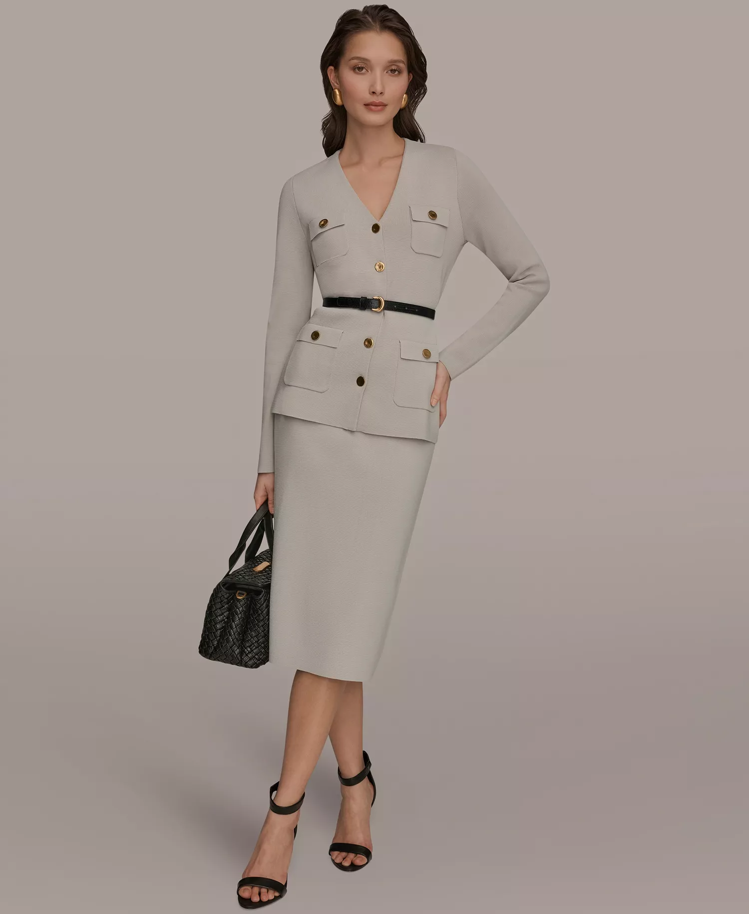 Women's 5-Button Belted Jacket, Regular & Petite - Tuscan Gray - L