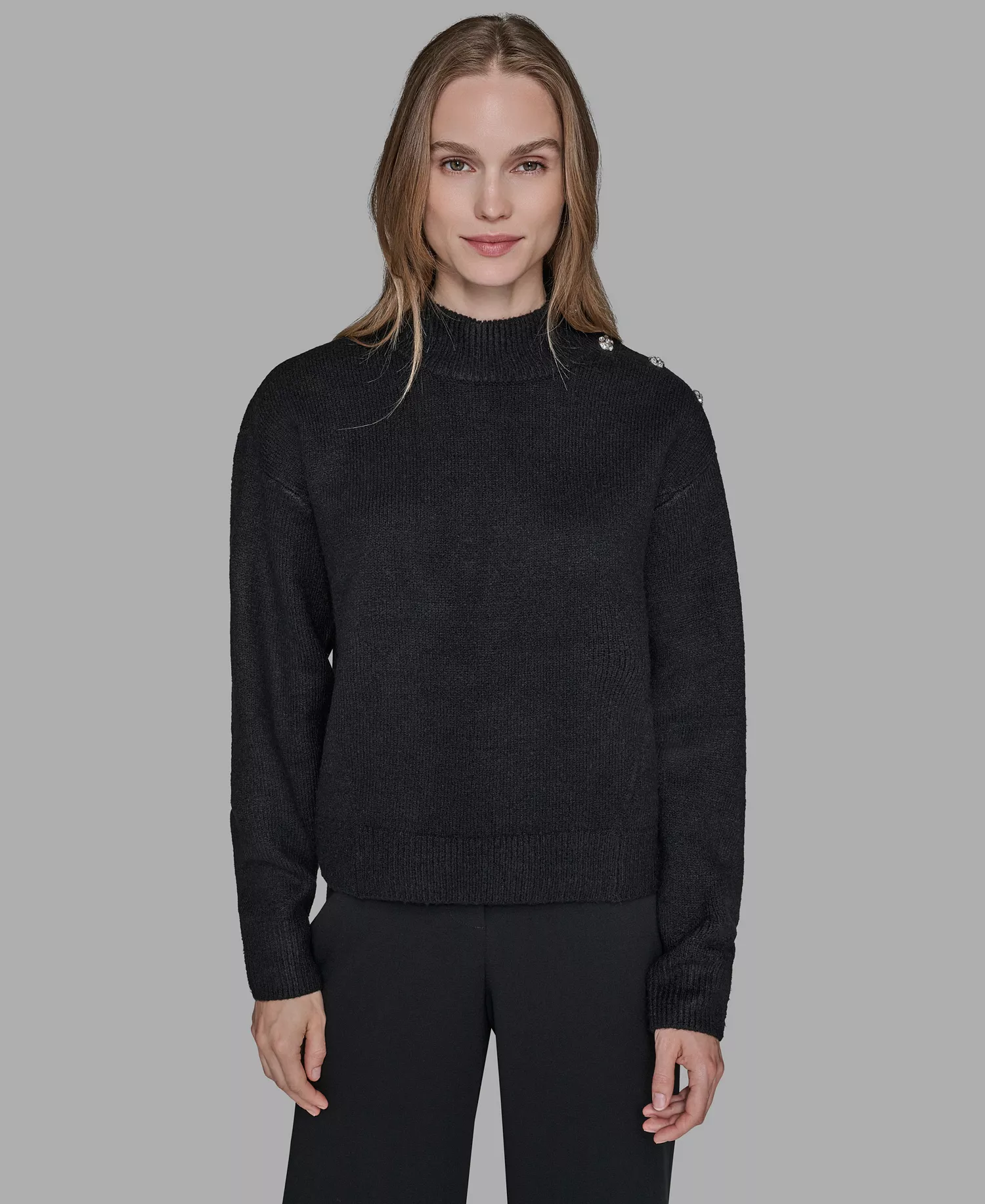 Women's Button Shoulder Long Sleeve Sweater - Black - XS