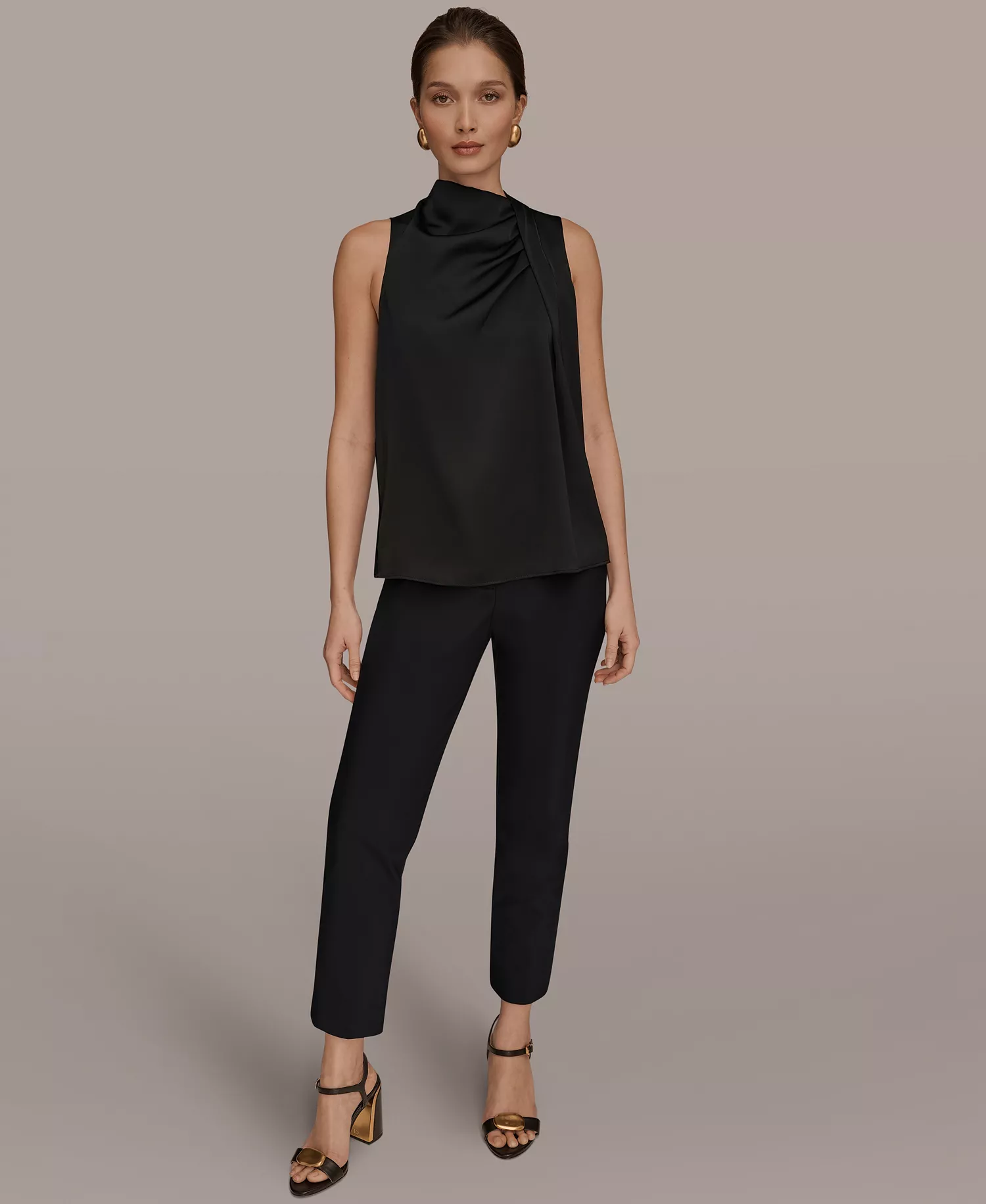 Women's Sleeveless Twist-Front Drape Blouse - Black - L