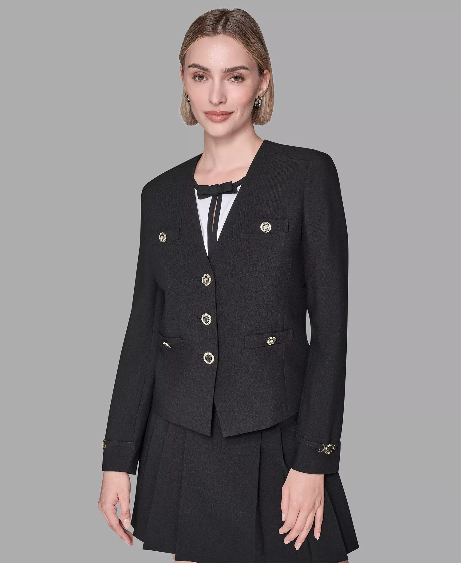 Women's Collarless 3-Button Front Embellished Jacket - Black - 0