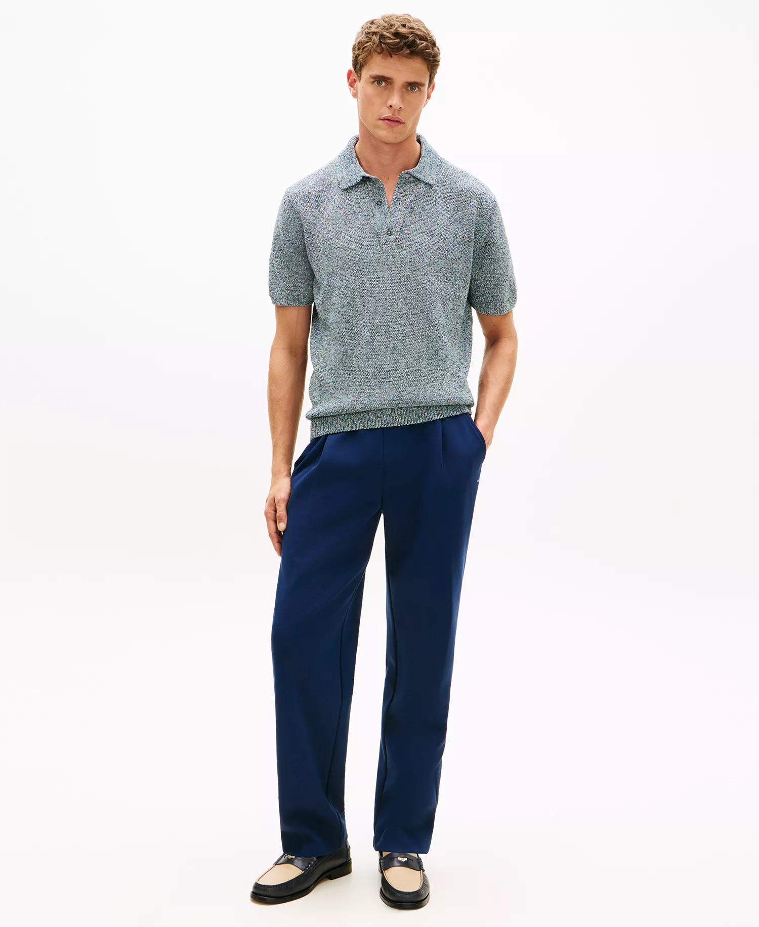 Men's Spread Collar Mouline Short Sleeve Knit Polo Shirt - Navy Iris Multi - L