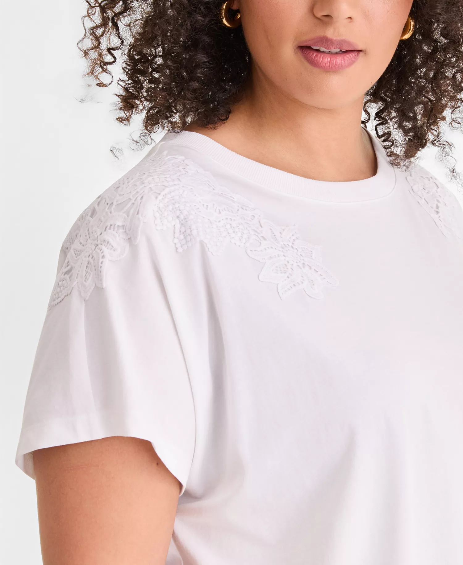 Plus Size Short-Sleeve Lace-Shoulder Tee, Created for Macy's - Bright White - 0X