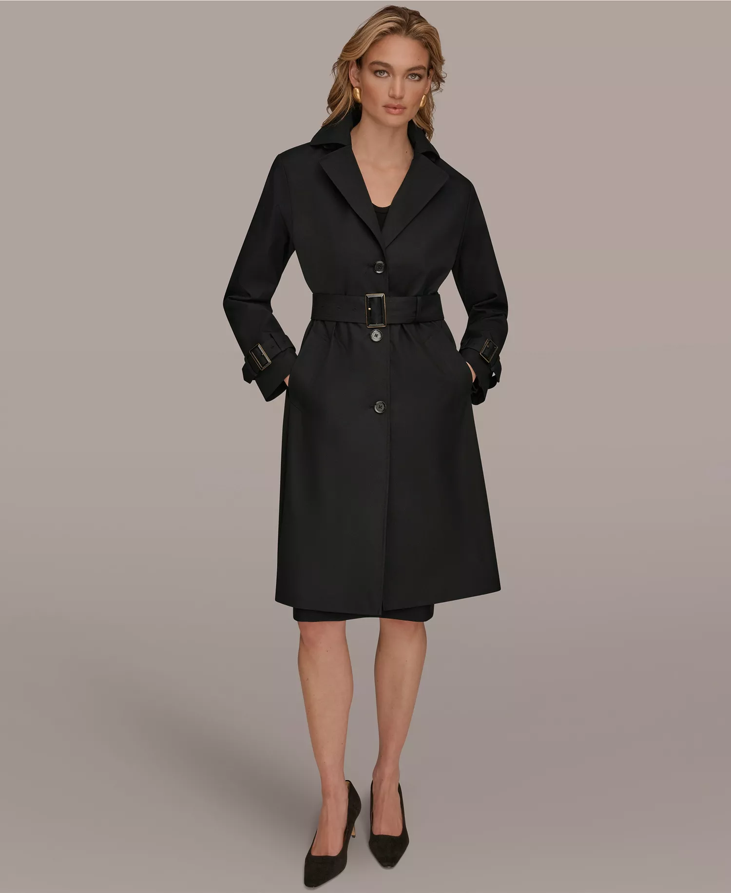 Women's Single Breasted Belted Trench Coat - Black - L