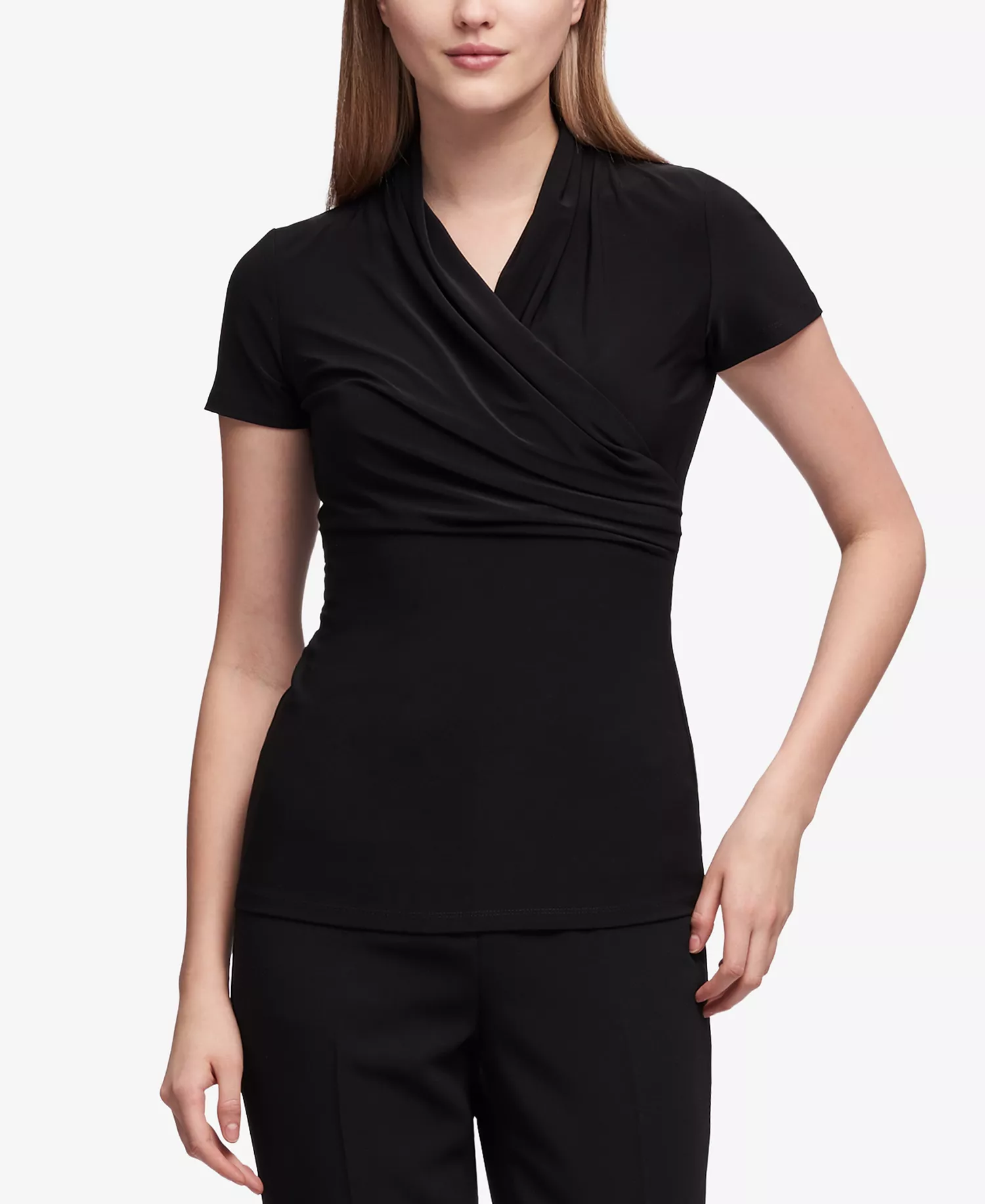 Petite Draped Surplice Blouse, Created for Macy's - Black - PL