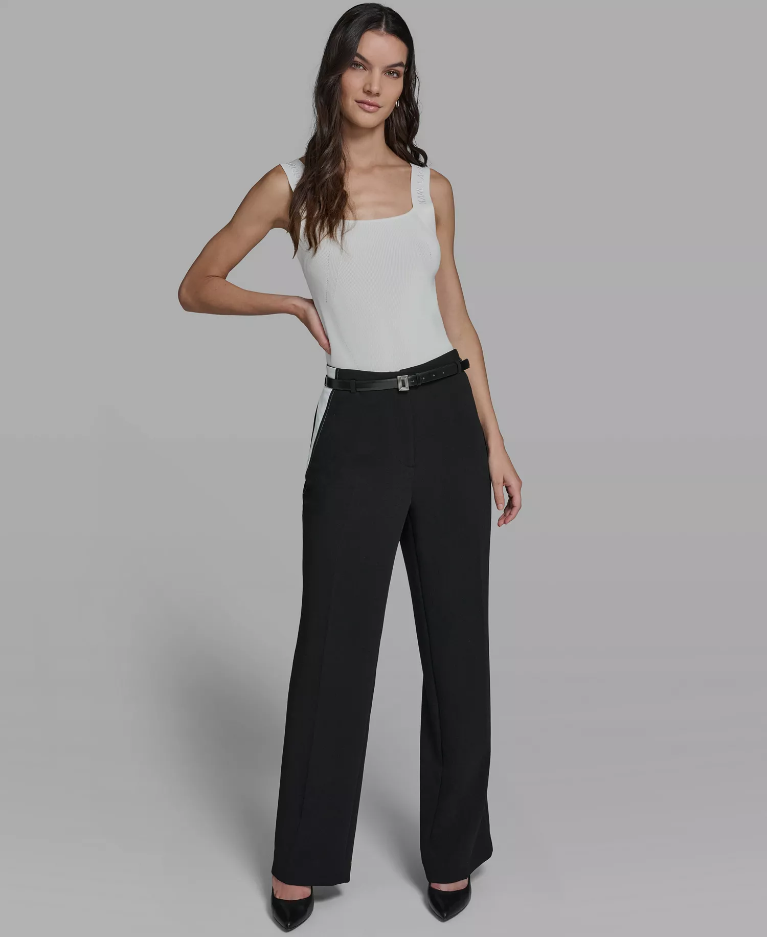 Women's Color Blocked Belted Straight Pants - Black - 10