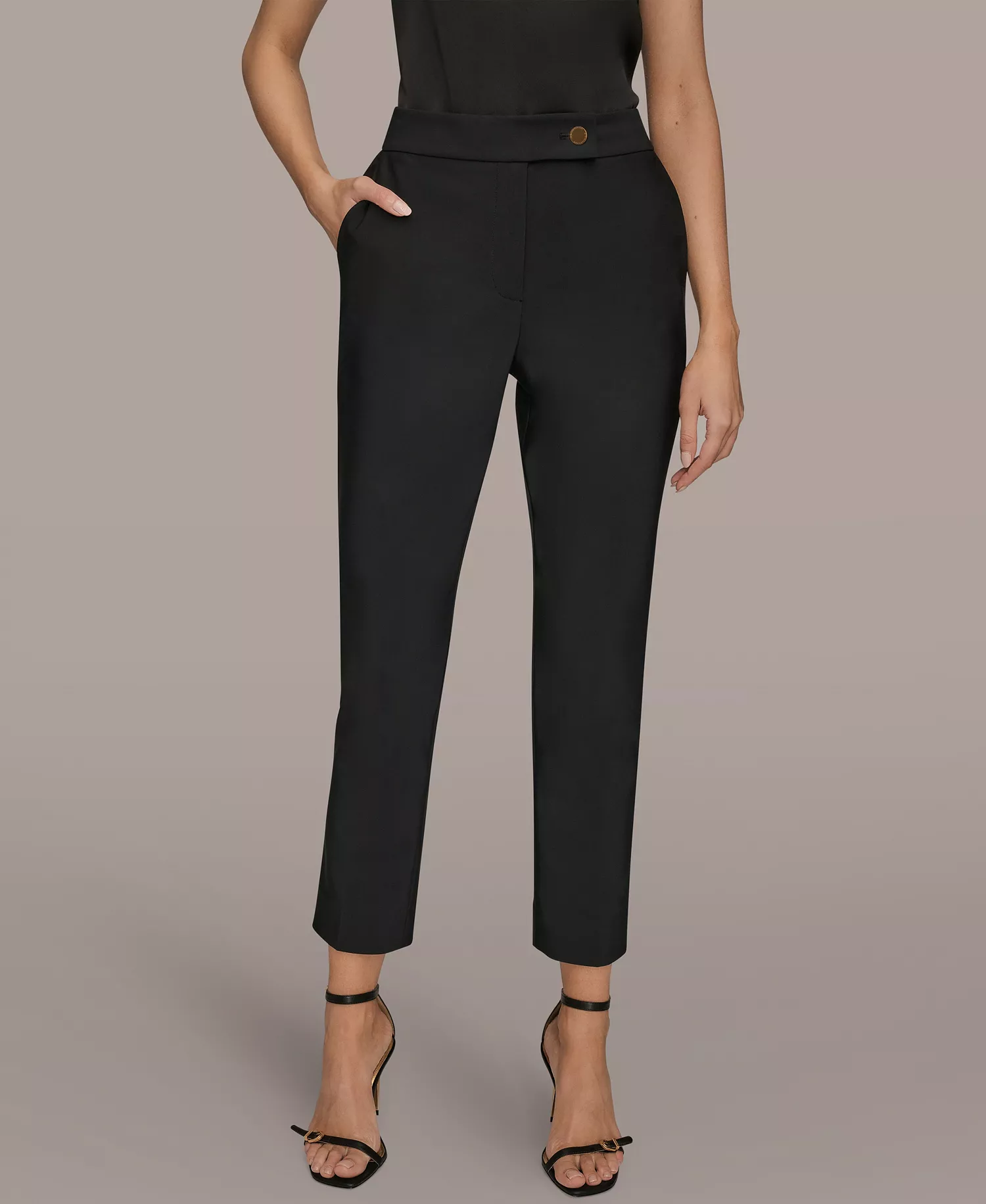 Women's Flat Front Button Pants - Black - 4