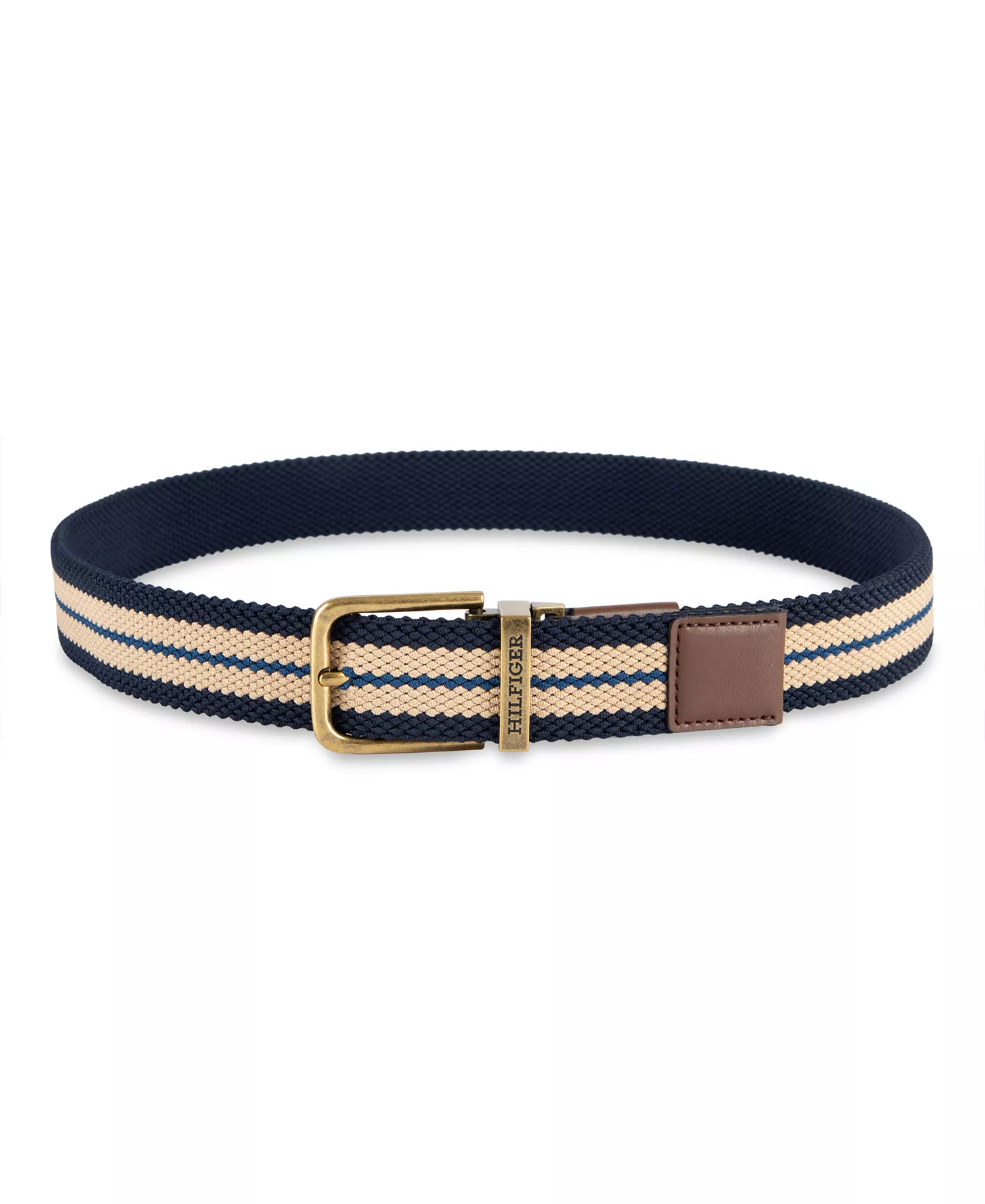 Men's Two-In-One Reversible Striped Stretch Cord Belt - Tan/Navy - L (38-40)