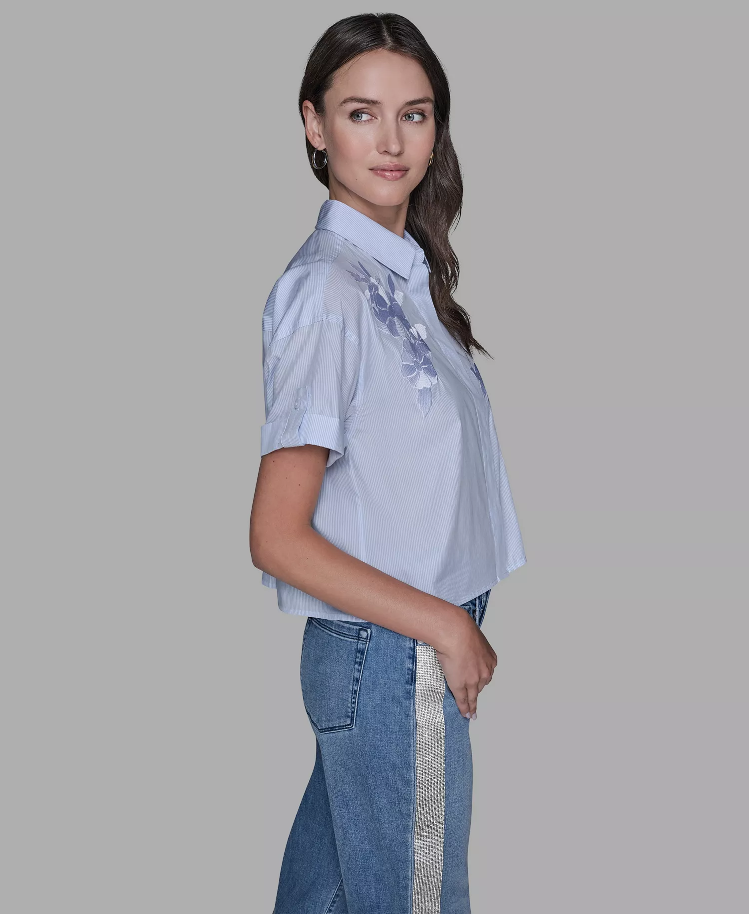 Women's Short-Sleeve Striped Floral Poplin Blouse - Blue Aura/soft White - L