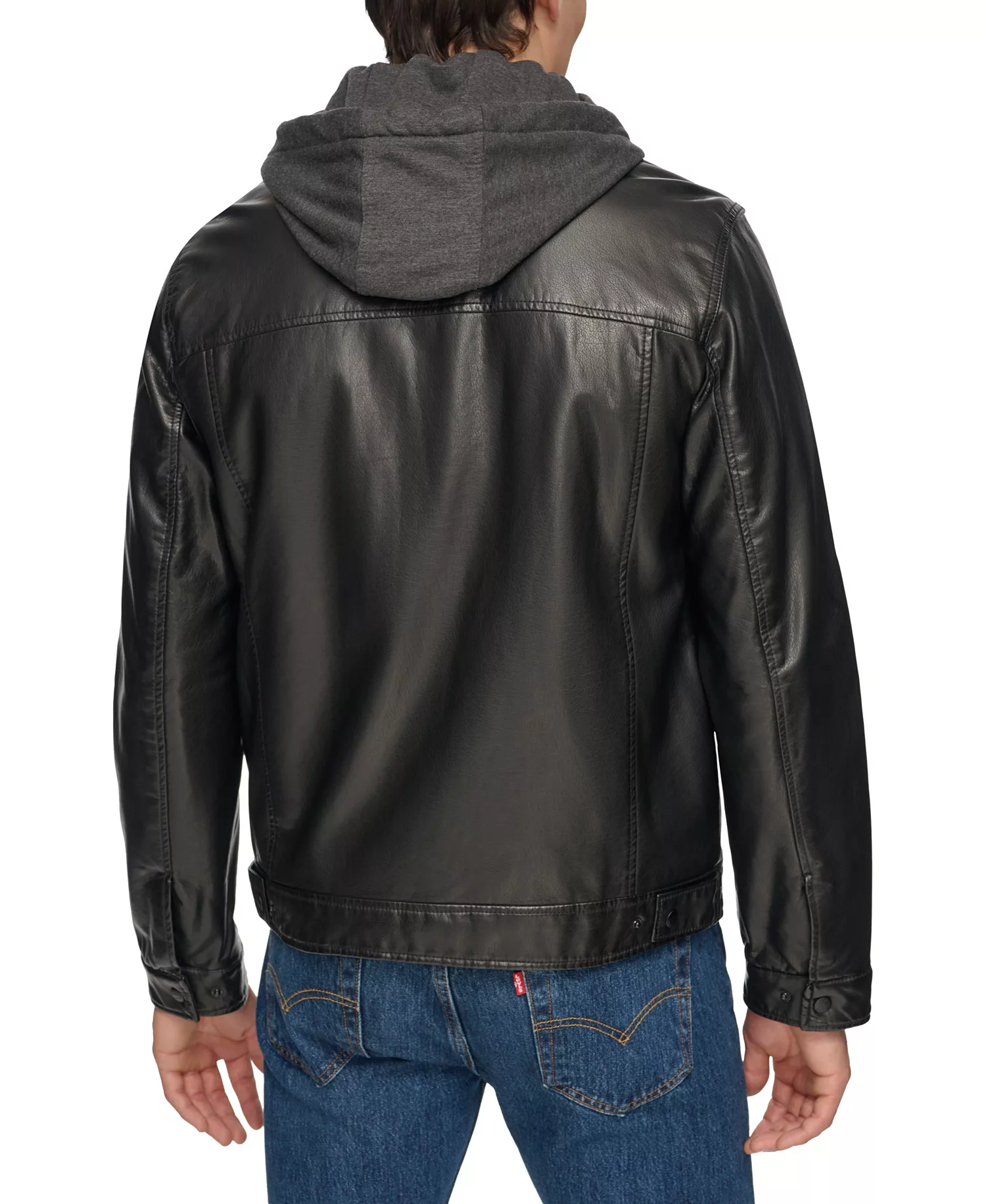 Men's Fleece Hood Faux Leather Jacket - Black - 2XL
