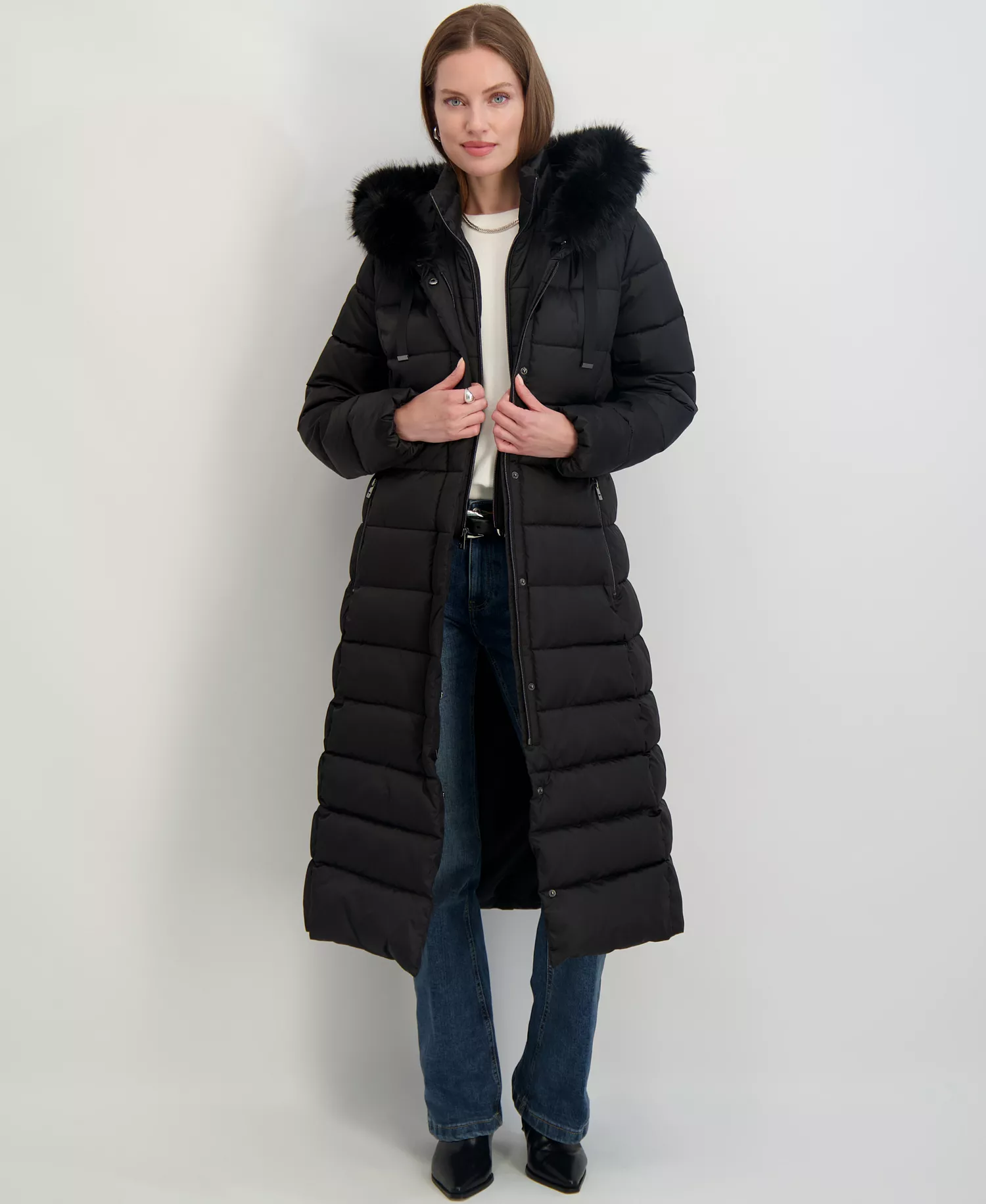 Womens Maxi Shine Bibbed Faux-Fur-Trimmed Hooded Puffer Coat - Black - L