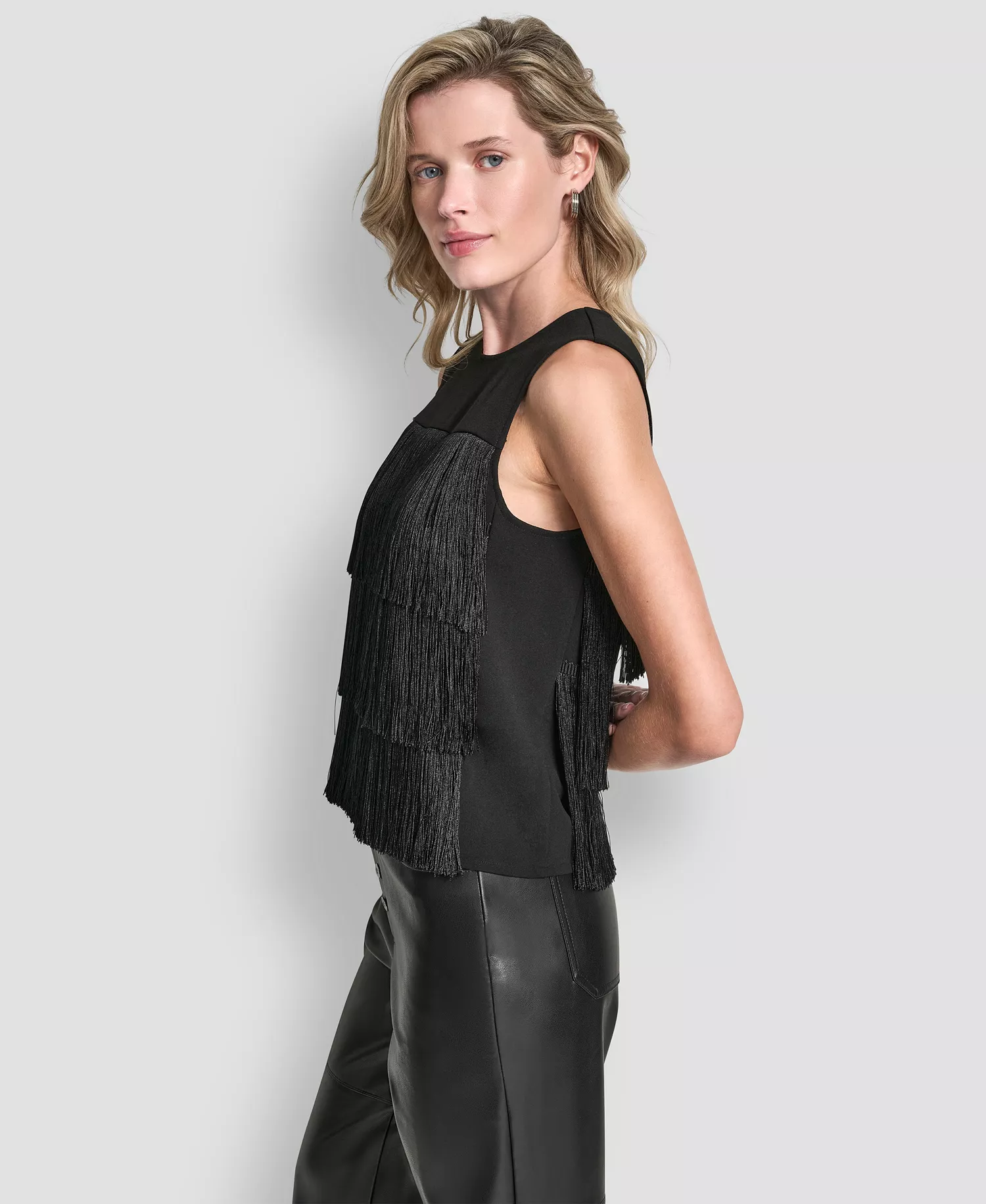 Women's Tiered Fringe Sleeveless Blouse - Black - L