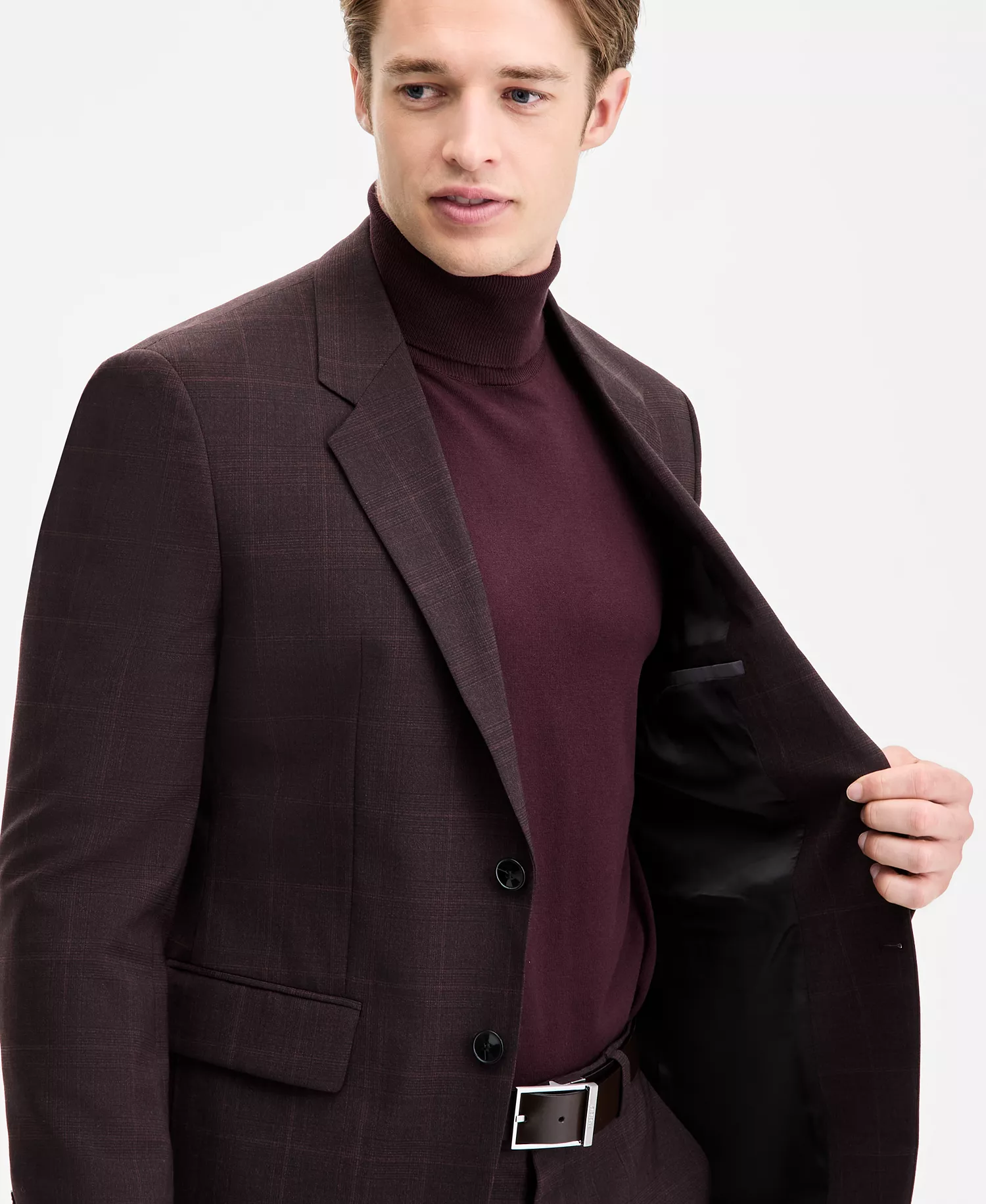 Men's Modern-Fit Plaid Suit Jacket - Burgundy - 36R