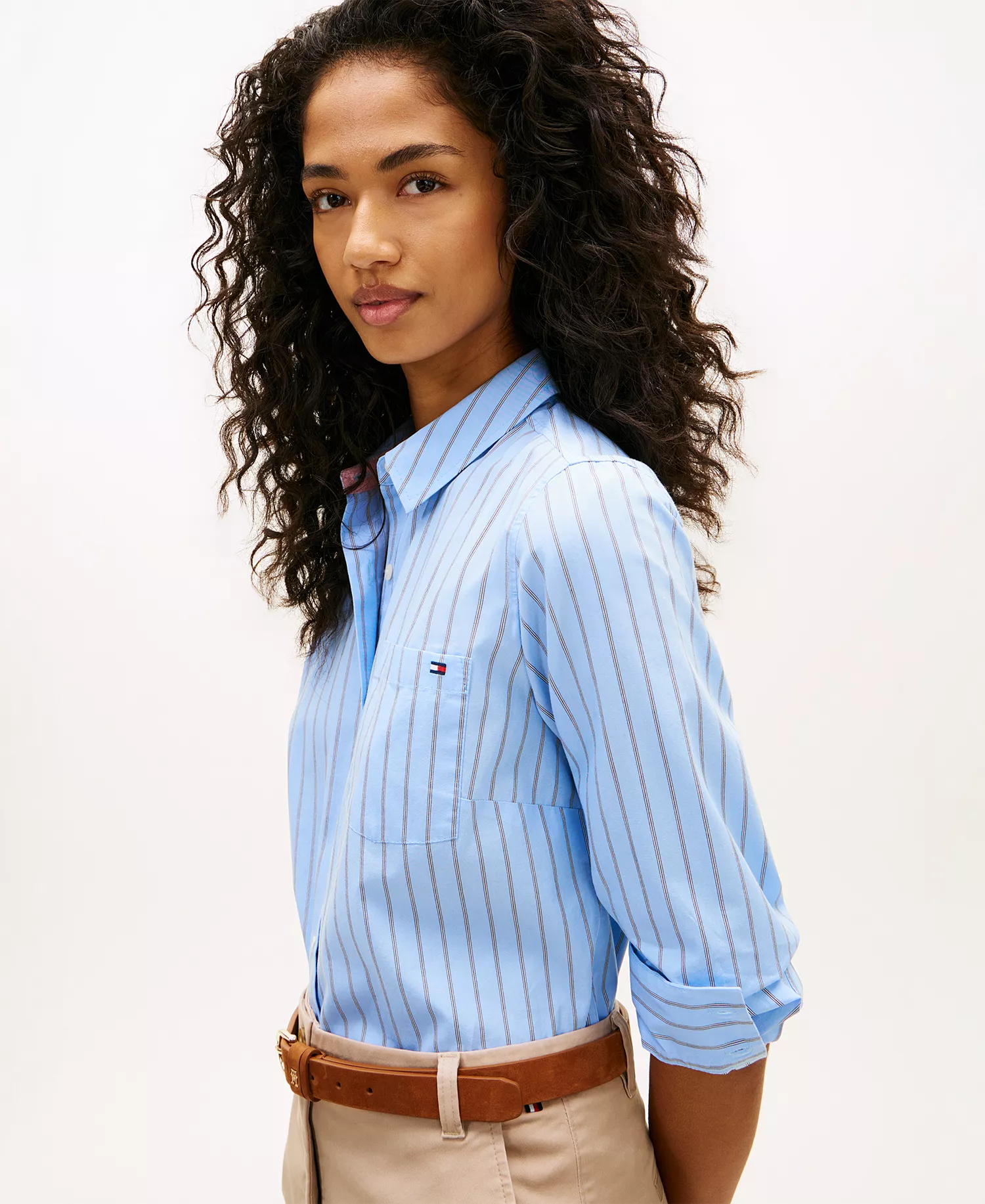 Women's Classic Poplin Roll-Tab Long-Sleeve Shirt - Breezy Blue / Ecru Stripe - L