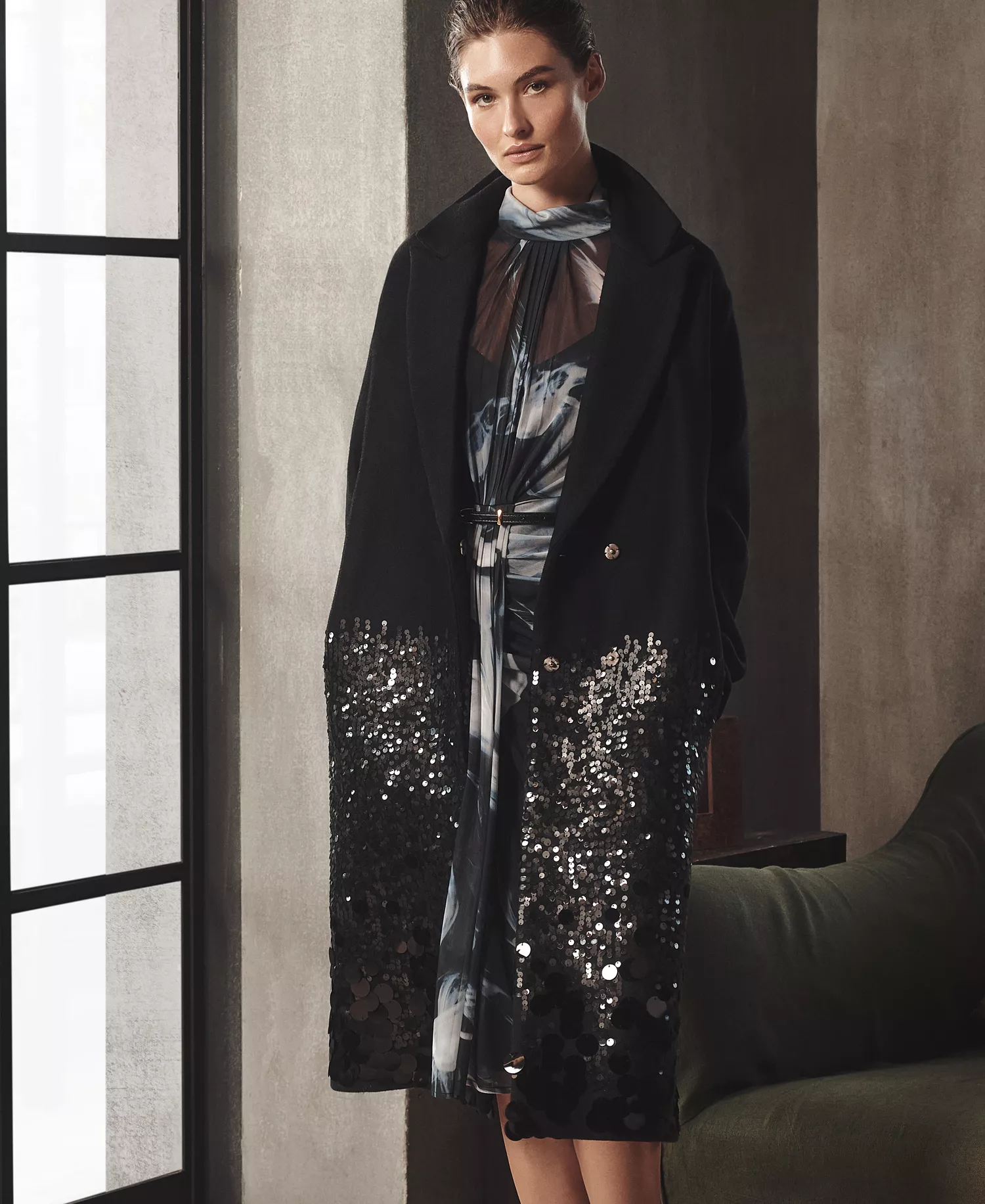Women's Snap Closure Sequin Embellished Coat - Black - L