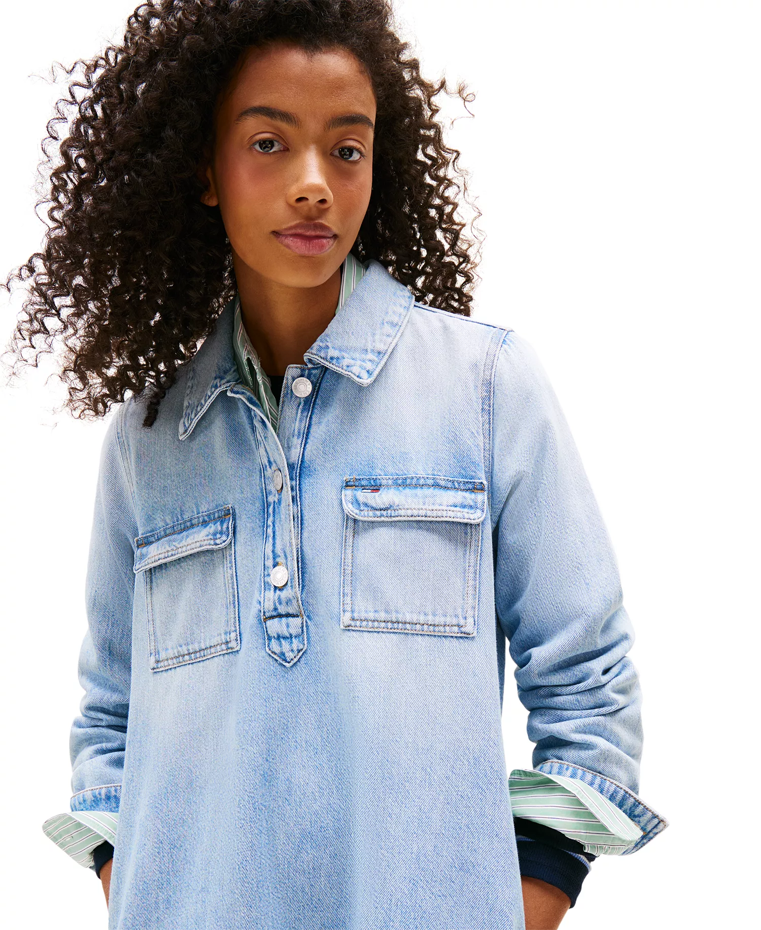 Women's Cotton A-Line Long-Sleeve Denim Dress  - Denim Light - L