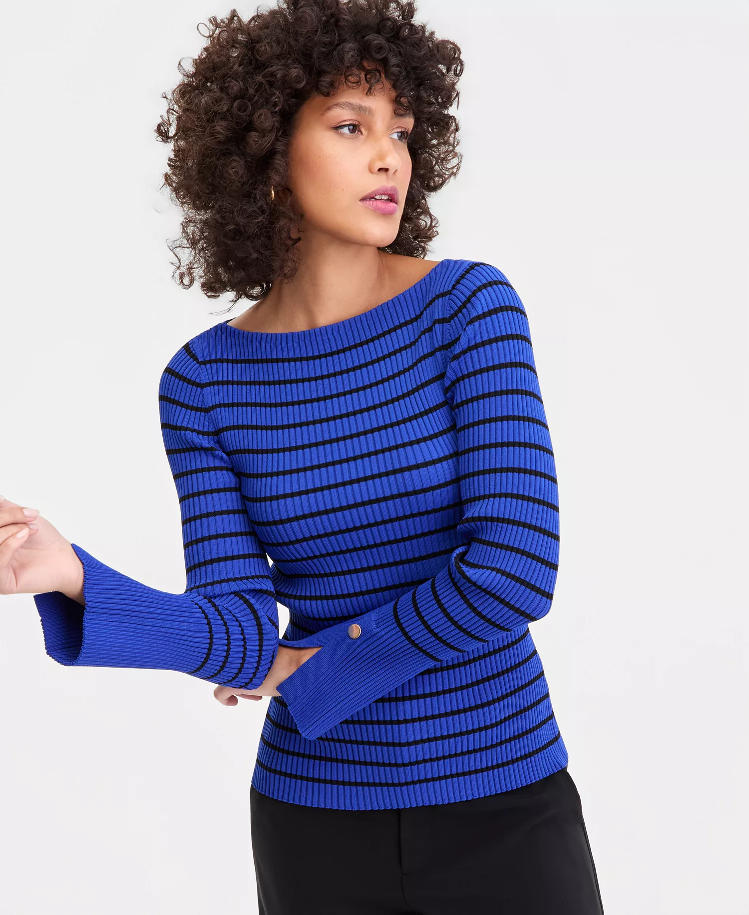 Women's Long Sleeve Boat Neck Rib-Knit Sweater, Macy's Exclusive - Blue Black Combo - L